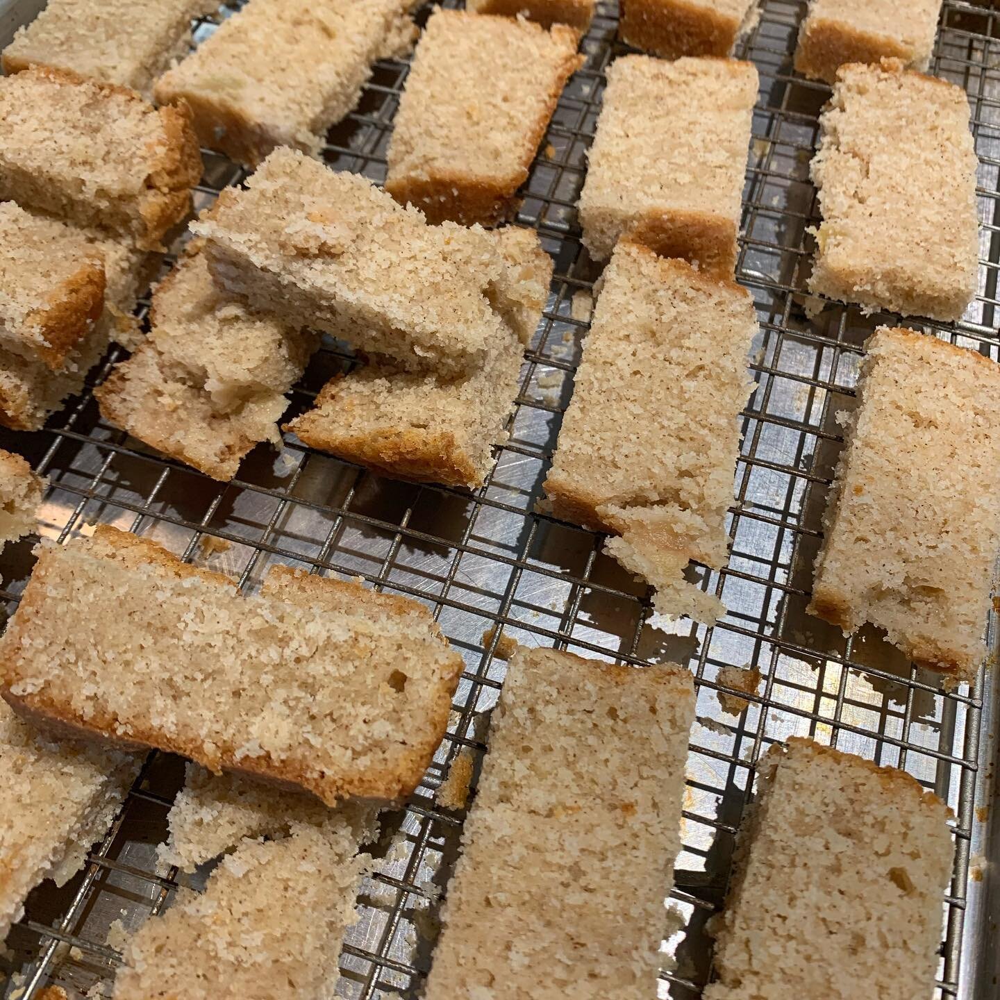 Leftover Apple pound cake sliced and ready to become French toast sticks for my freezer. One of my favorite ways to use up extra cake or breakfast bread. #poundcakes #poundcake #applepoundcake #frenchtoast #frenchtoaststicks #breakfast #brunch #baker