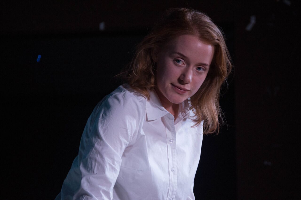 Rigel as Bernadette in 'The Edge of Our Bodies,' a one-woman show by Adam Rapp. Spring, 2016 at Skidmore College. Directed by Hannah Baker. Photo by Dante Haughton.