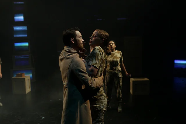 L-R: Rob Grant as Macbeth, Rigel Harris as First Witch, Carene Rose Mekertichyan as Second Witch. 'Macbeth' at Northern Stage. Directed by Stephen Brown-Fried. Set design by Bill Clarke. Photo by Rob Strong.