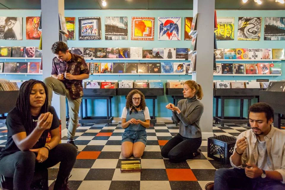 L-R: Alaina Kai, Calum Bedborough, Emily Kaplan, Rigel Harris, and Jack Schmitt in 'Identity's a Box of Chocolates' at Actors Theatre of Louisville, Fall 2017. A new play by MJ Kaufman, directed by Michael Legg. Photo by Bill Brymer.