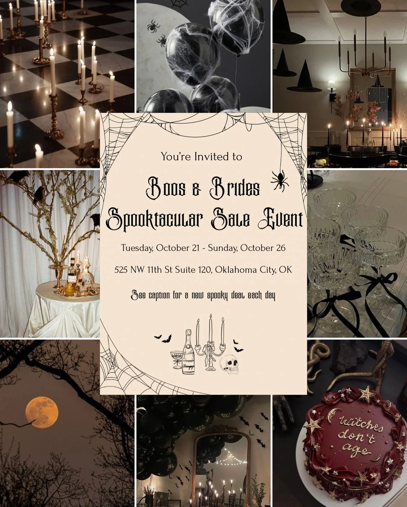 We are thrilled to announce our BOOs and Brides Spooktacular Sale Event!! Each day will hold a new treat! See day by day details below! 🖤👻🎃🍭

By appointment only: Tuesday - Friday for Fitting Room #1 &amp; #2, and Fitting Rooms #1, #2, #3 on Satu
