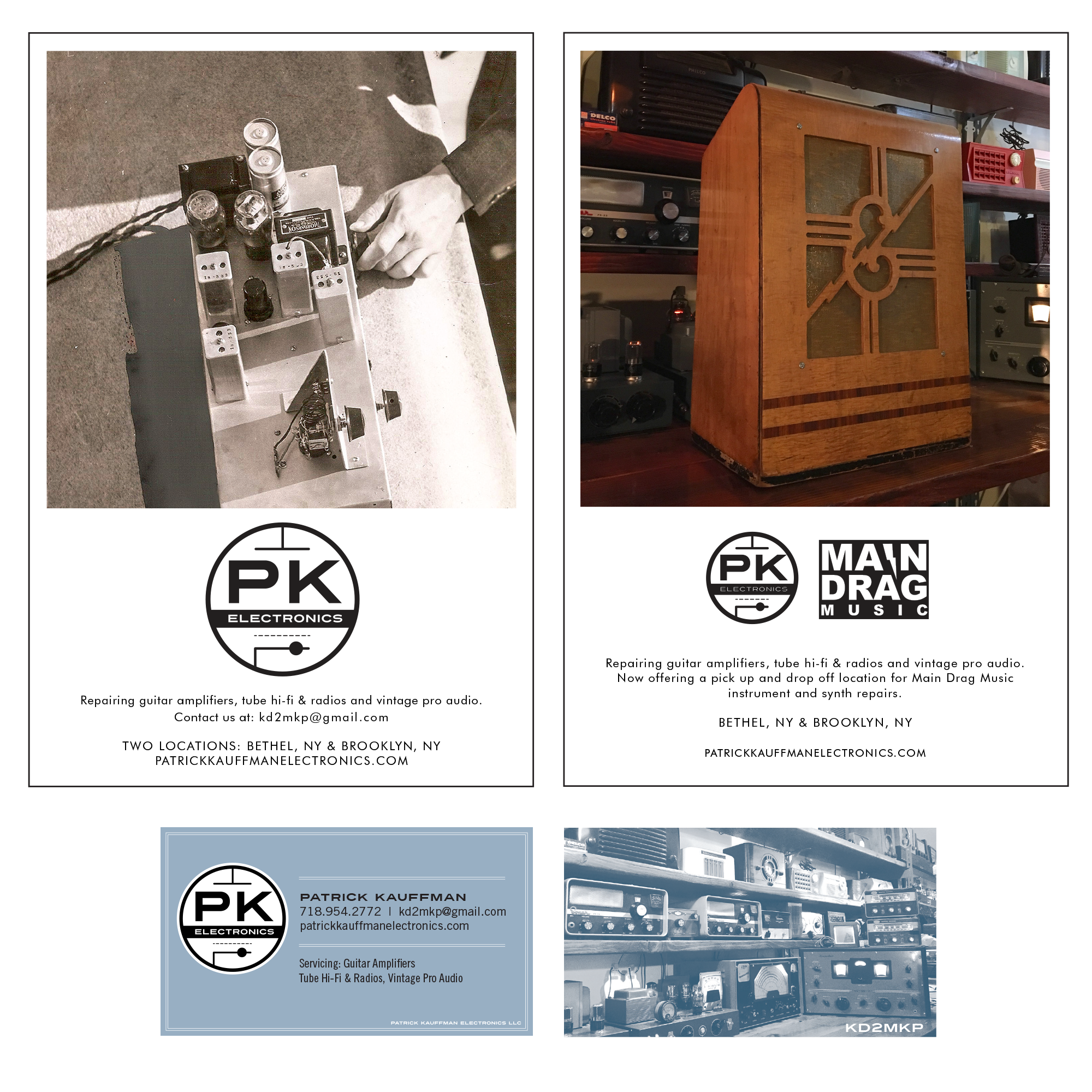 Patrick Kauffman Electronics | Brooklyn, NY Top: Print Ads for DV8 Magazine Bottom: Business Card