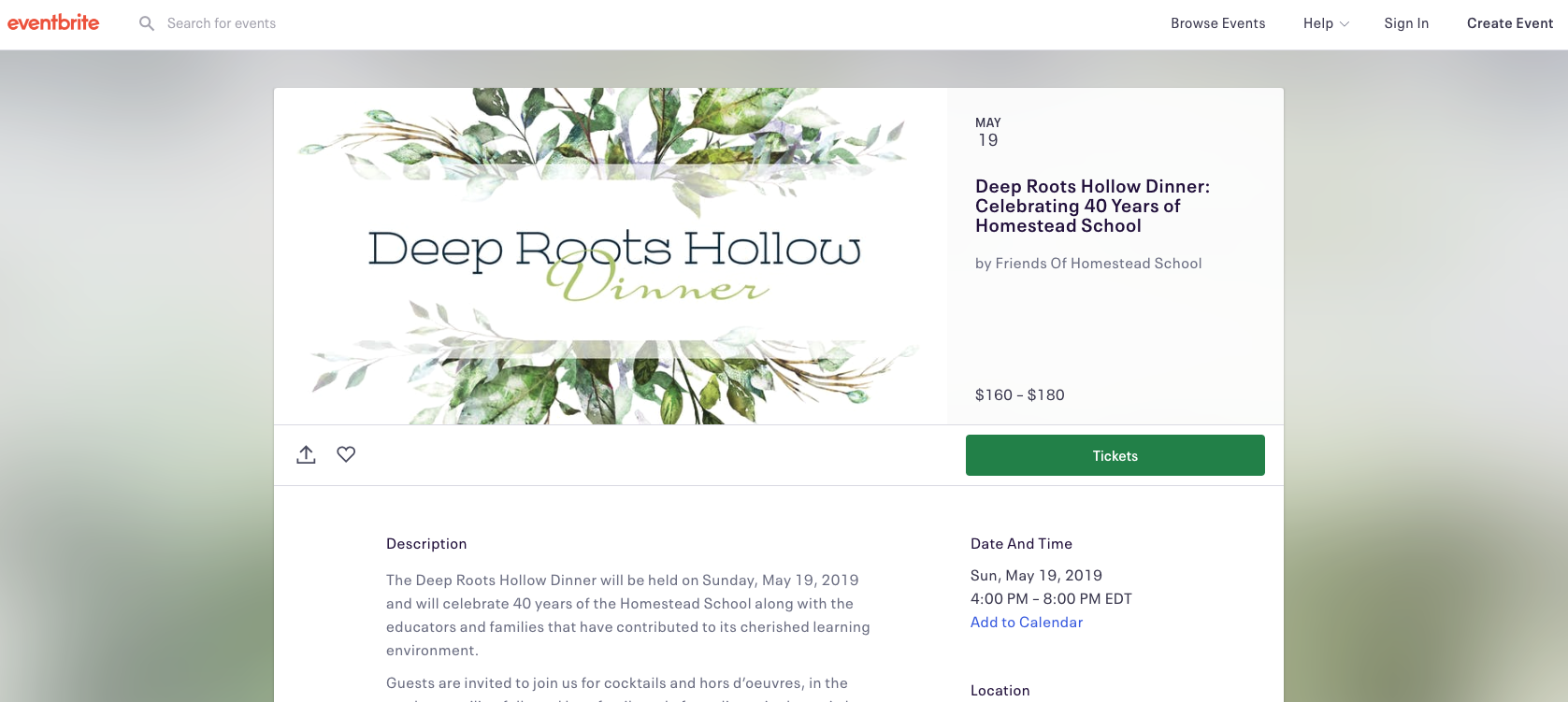 Eventbrite Brand applied to Eventbrite for Homestead School’s upcoming 40th Anniversary Dinner.