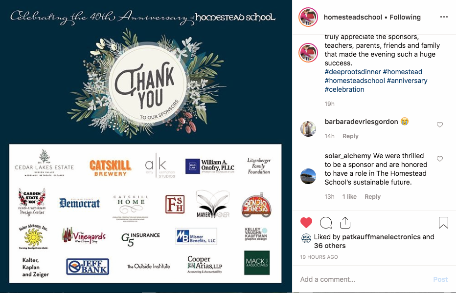 Instagram Post Image thanking corporate sponsors for Homestead School’s upcoming 40th Anniversary Dinner.