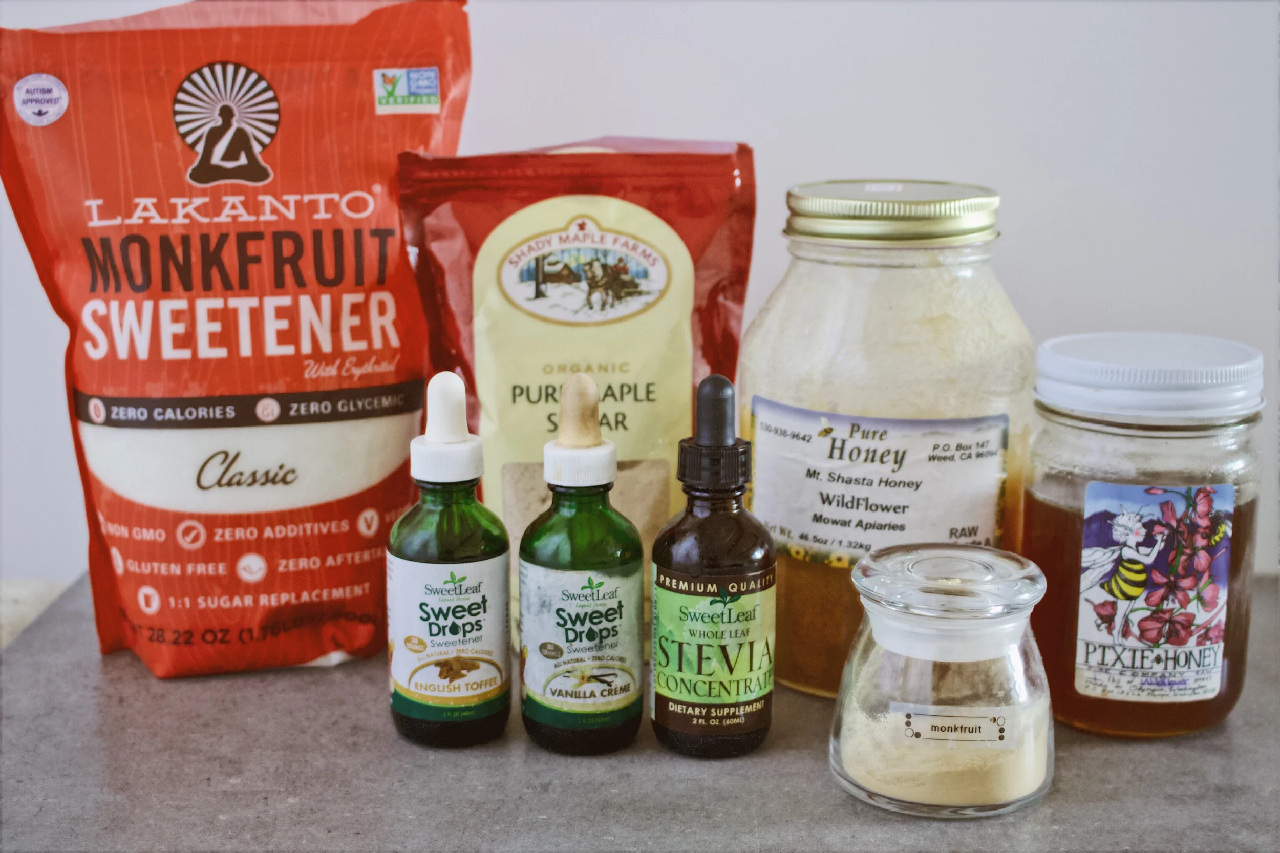 An assortment of sweeteners found in my pantry. My recent favorite is monkfruit extract powder!