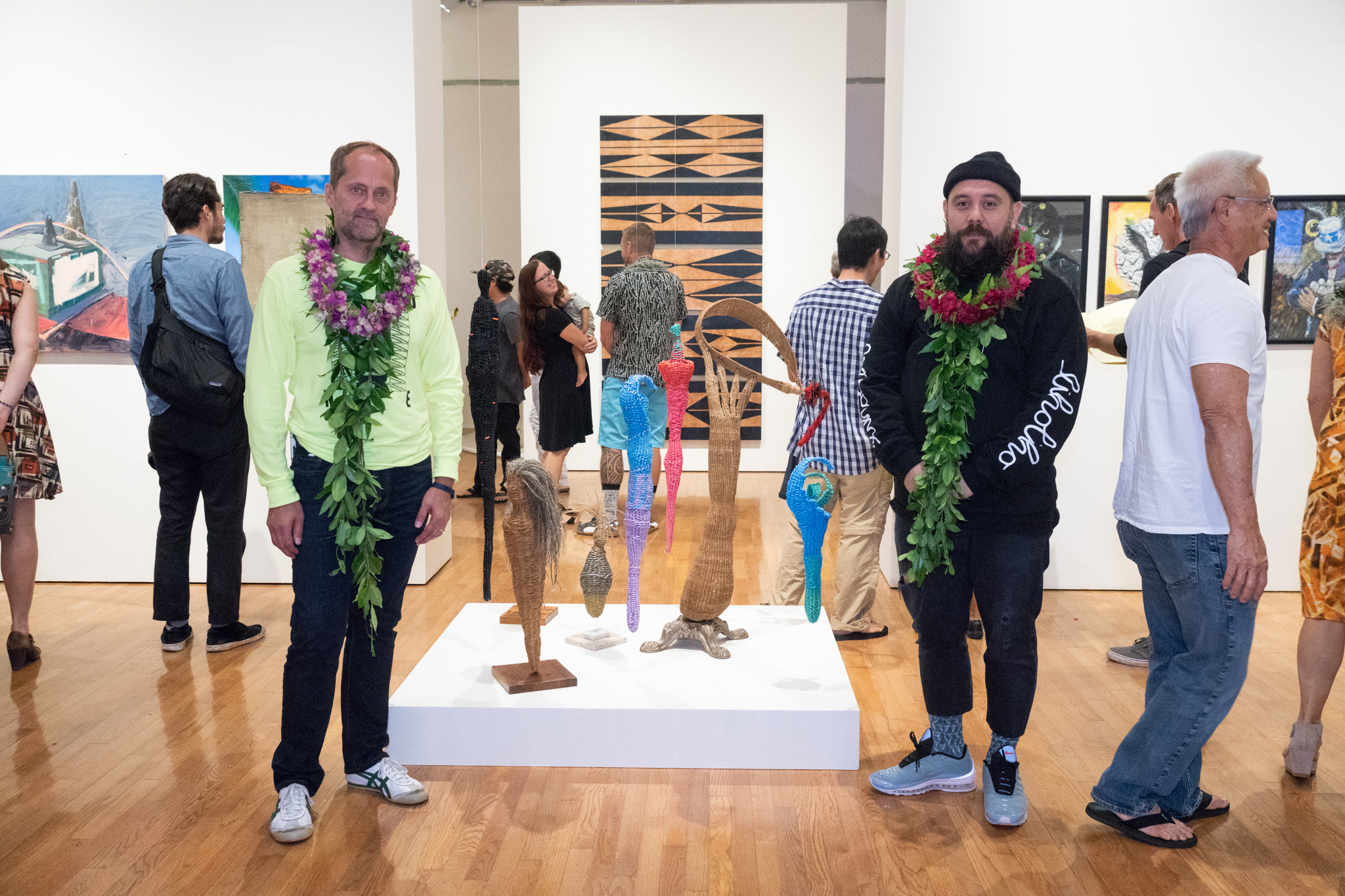  Installation view of THE CONTACT ZONE. (2018) with curators Michael Rooks and Keola Naka‘ahiki Rapozo 
