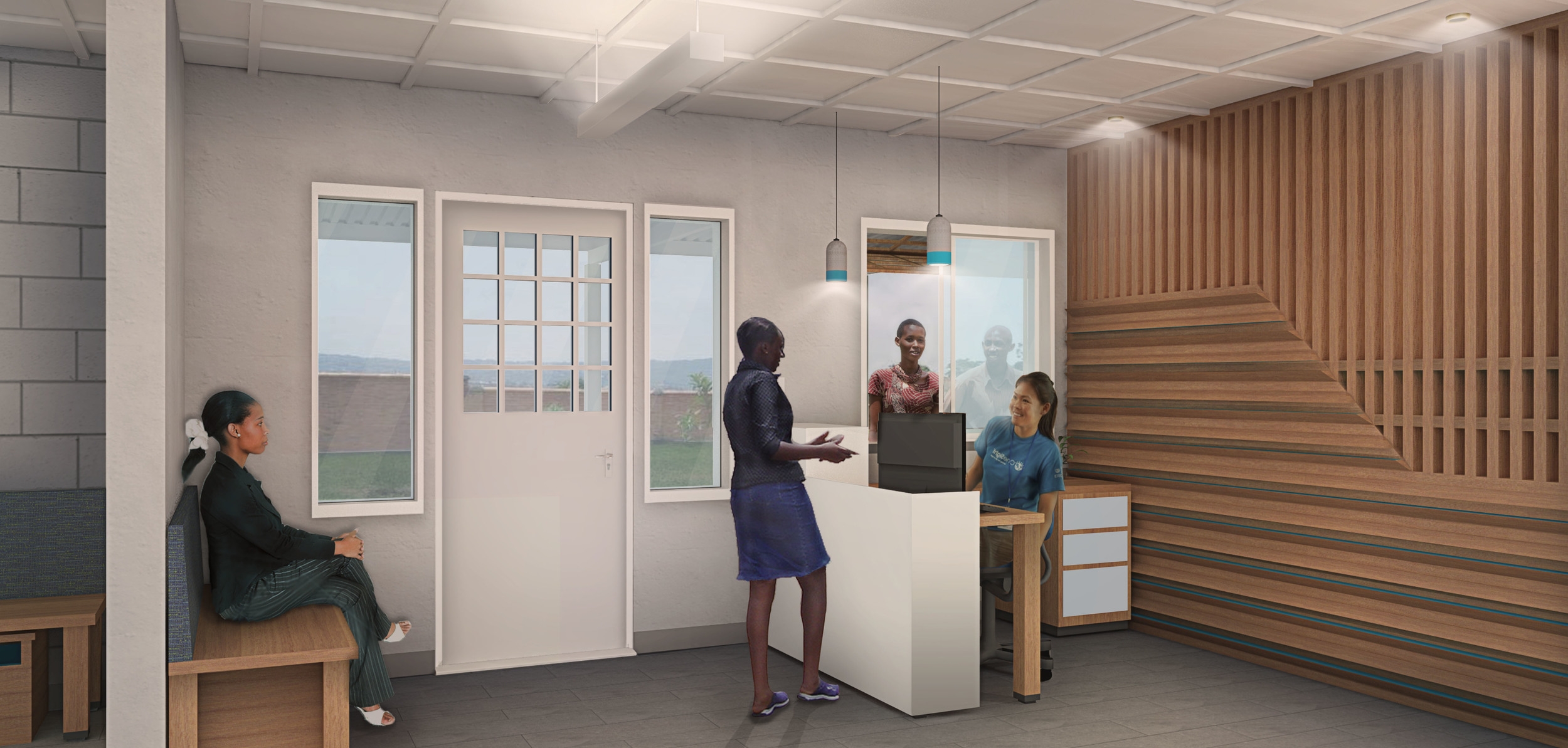 Reception Area featuring the Check-In Window and the Welcome Wall.