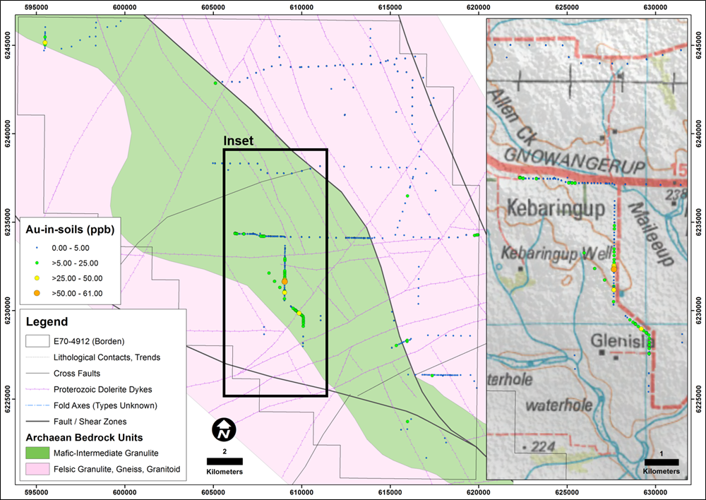 E70/4912 (Borden Project) showing previous soil sampling and gold results and the Glenisa Prospect (inset). Note: The geology is based on geophysical interpretation and modelling as explained in the Independent Technical Assessment Report within Cygnus’ Prospectus dated 22 November 2017.