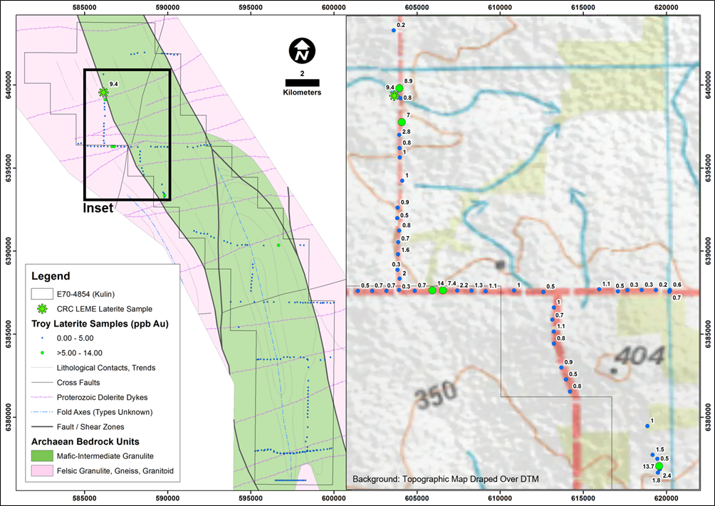E70/4854 (Kulin Project) showing previous lag sampling coverage and gold results. Note: The geology is based on geophysical interpretation and modelling as explained in the Independent Technical Assessment Report within Cygnus’ Prospectus dated 22 November 2017.