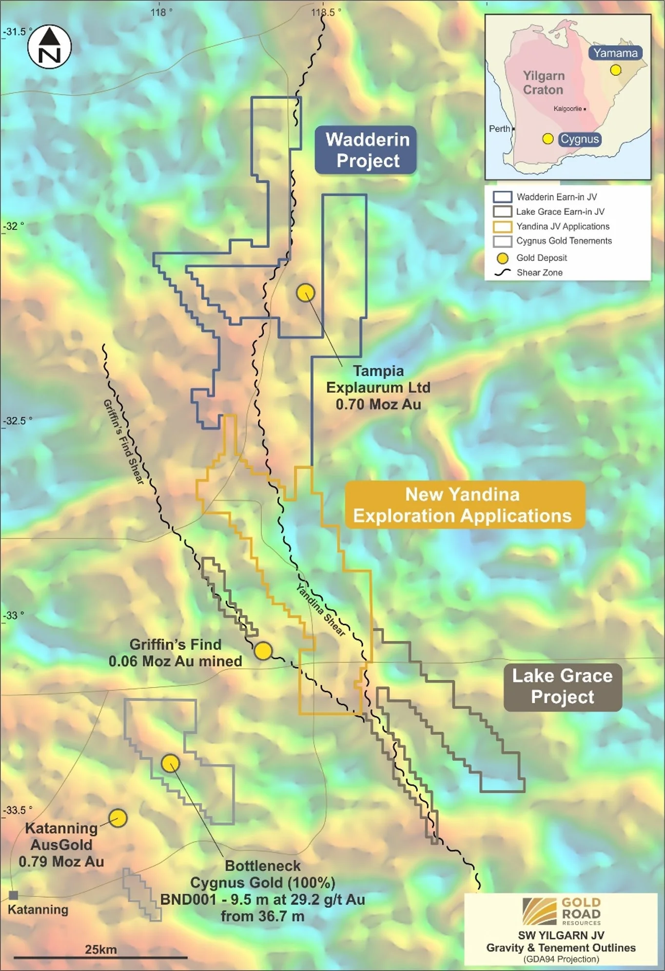 Location and outline of Cygnus - Gold Road exploration projects