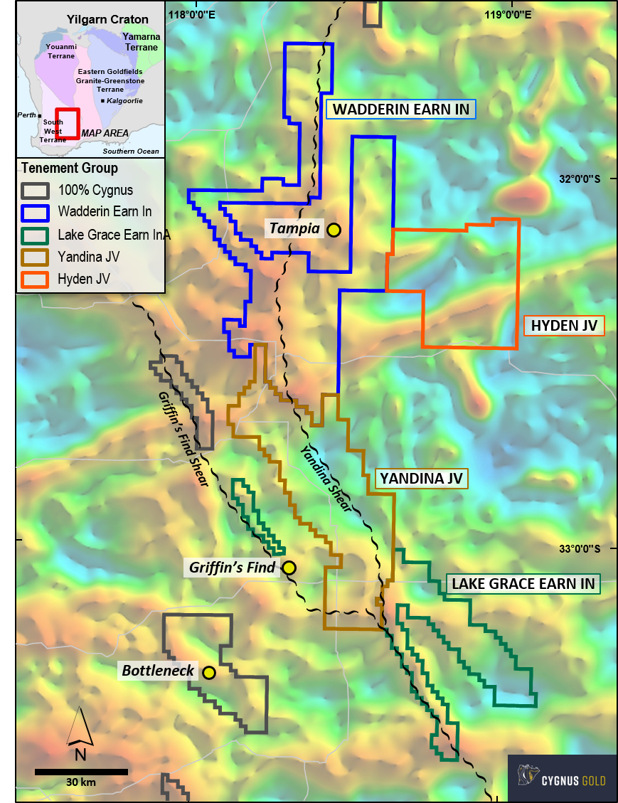 Cygnus Gold – Gold Road Projects earn-in and JV Projects over regional gravity image (residual Bouguer).