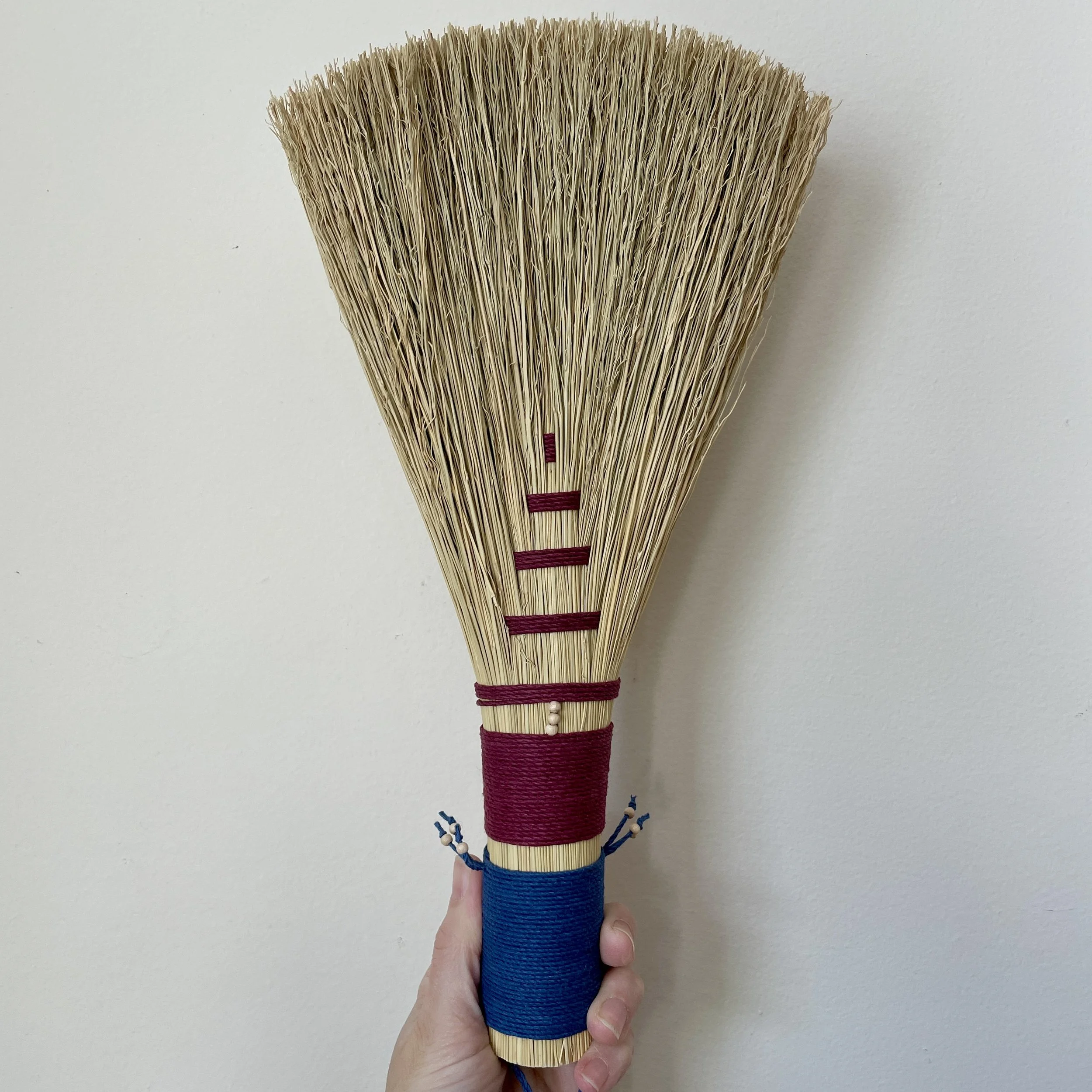 broomcorn broom, burgundy & blue