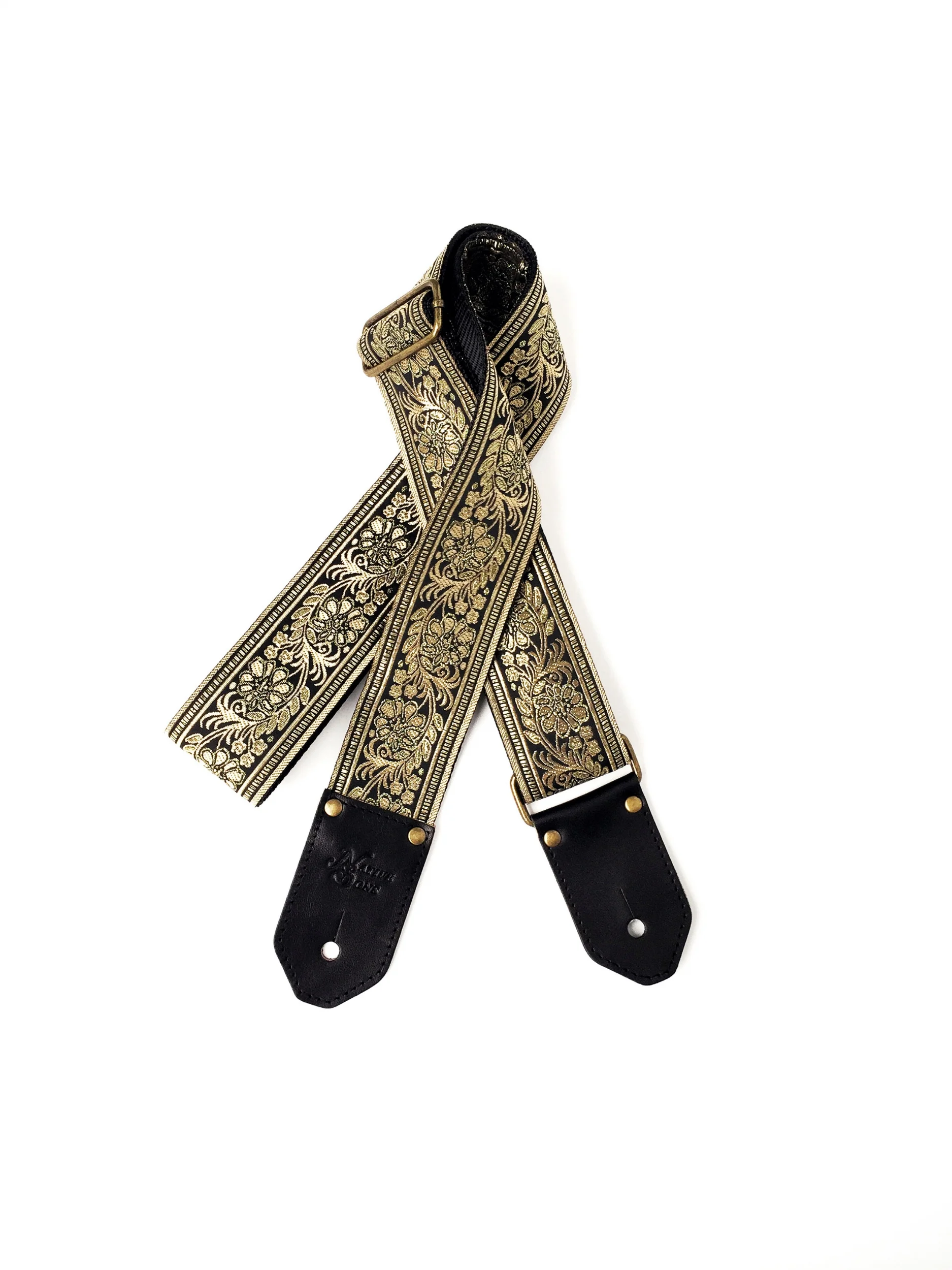 Black and gold floral guitar strap