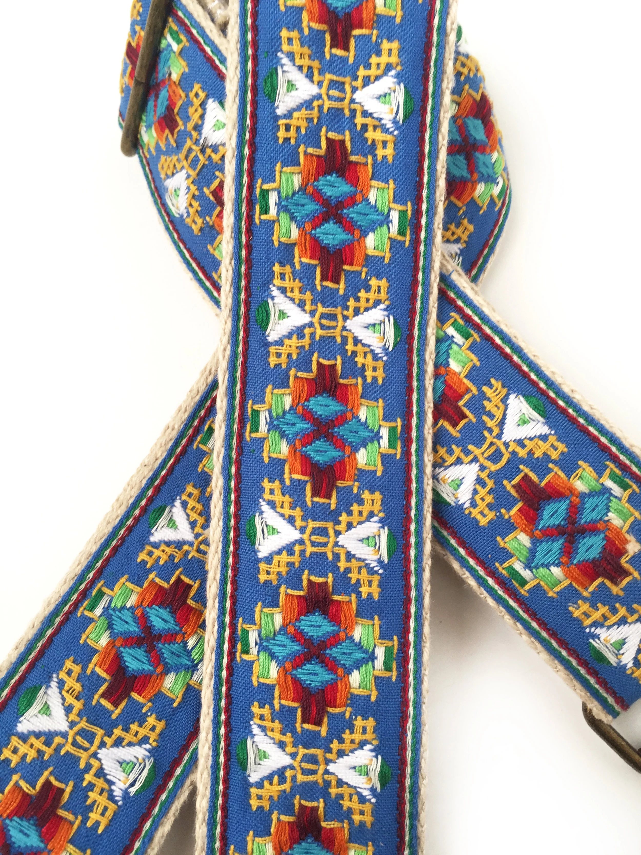 Rustic blue woven southwestern style Guitar strap close up