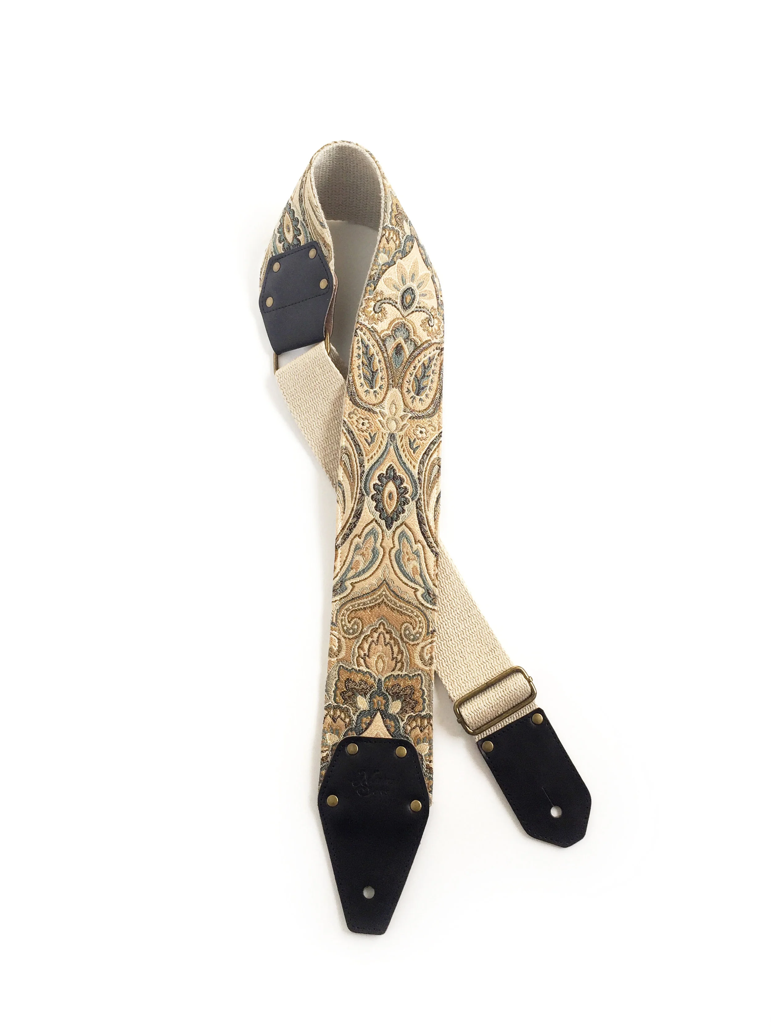 Custom 3 inch Wide Guitar Strap with Teal and Gold Tapestry