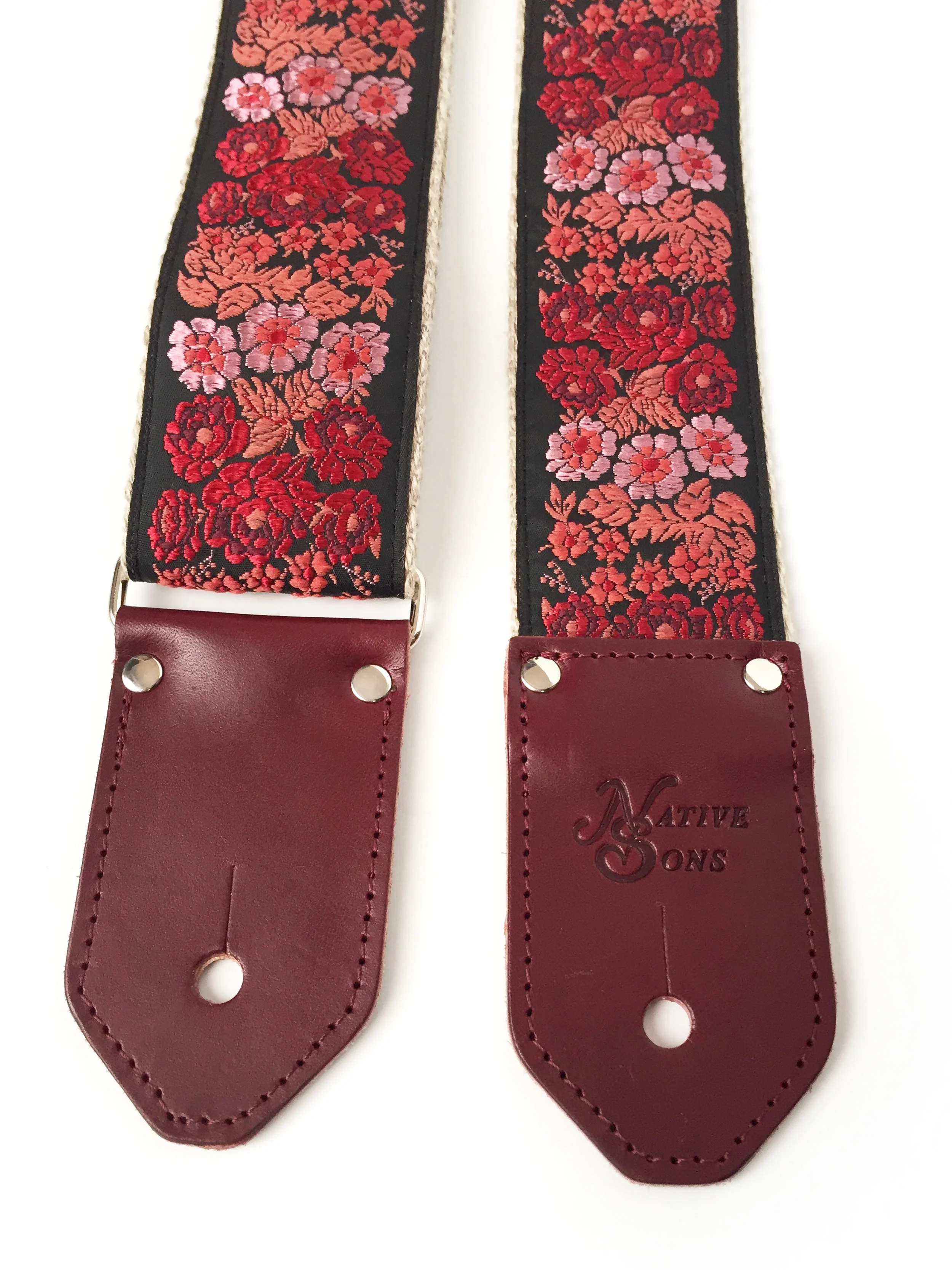 Custom coral and red floral guitar strap