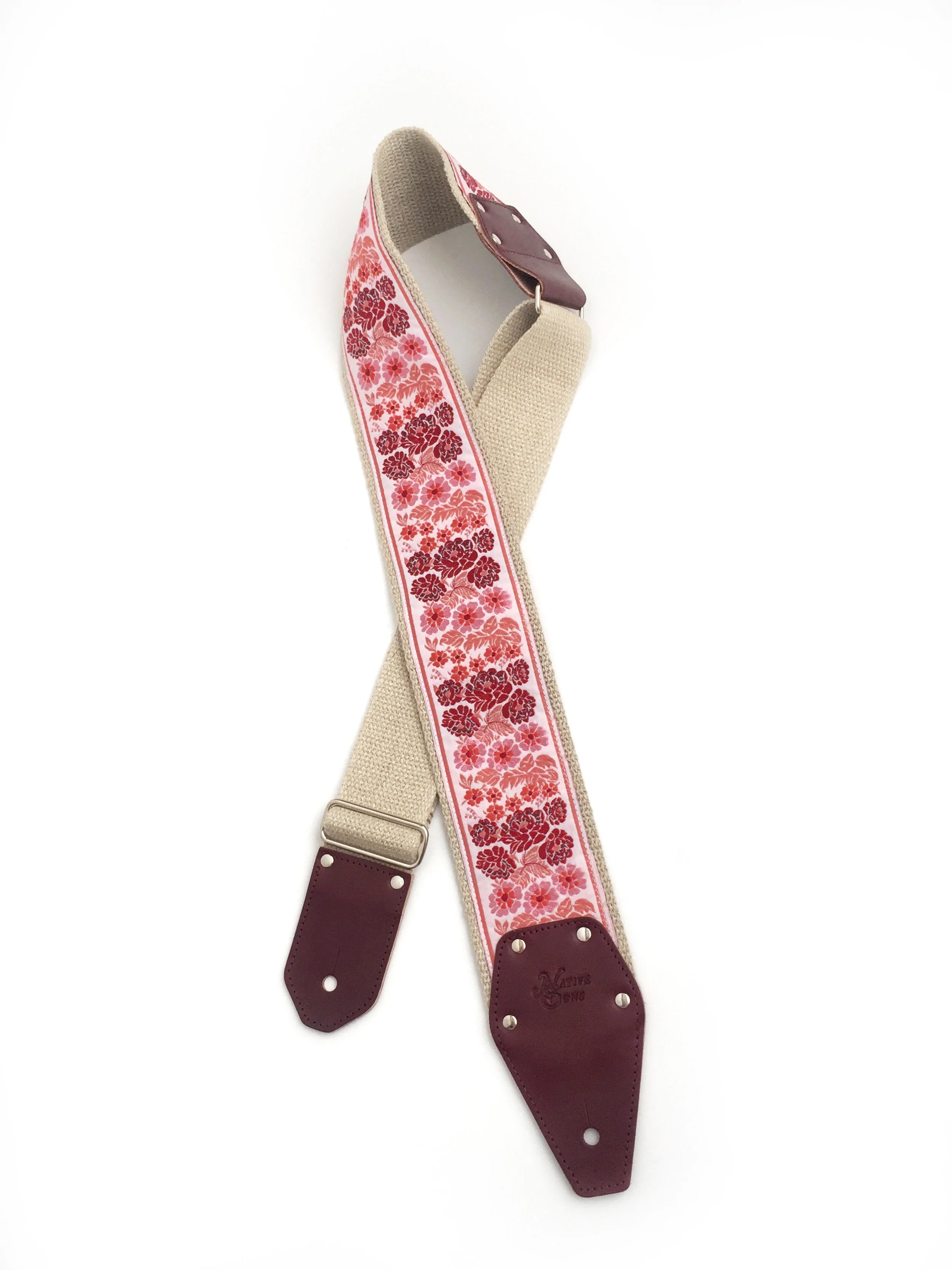 custom Red and pink floral 3 inch guitar strap