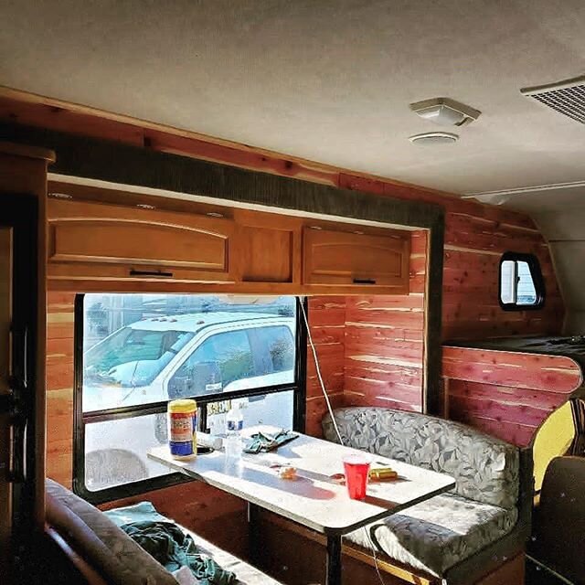 Camper Cabin getting there!! Alot of work to do to this but it&rsquo;s so fun to see it start to transform!! Ripping carpet out soon and continuing cedar planks!! - Kermit 
#rvcabin #rv
#rving #rvdiy #classc #motorhome #cedar #cedarplank