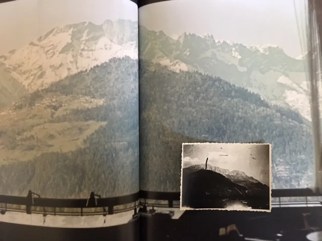 Condron's photo from the Berghof's big picture window set against a period photo of the exact same view. 