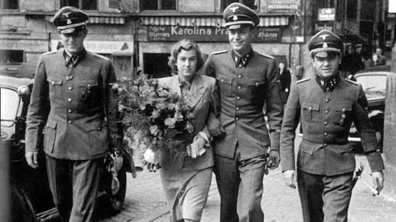 Hans and Traudl Junge on their wedding day, June 19 1943, with Otto Günsche (left) and Erich Kempka (right). 