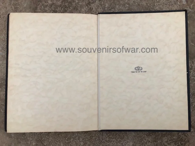 The paratrooper motto ‘From the sky we lead’ was stamped in the inside back cover by the veteran.