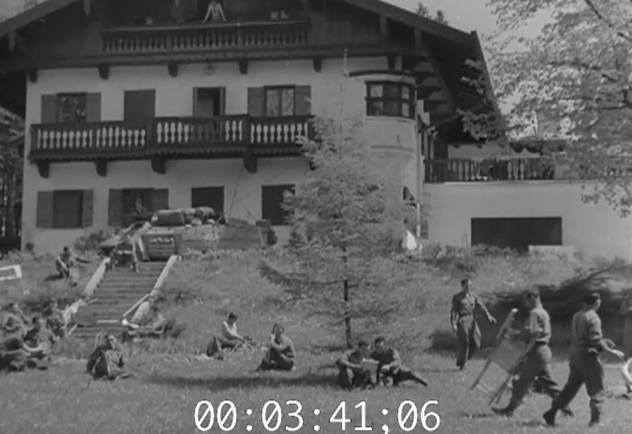 Shown here and below, footage stills of US troops arriving at the villa during the first week of May 1945.