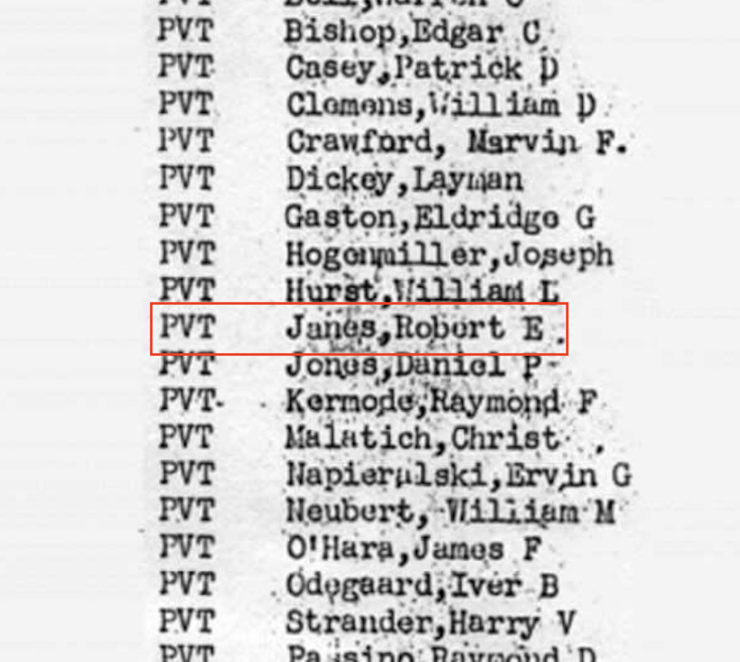 The veteran, as listed in a June 15 1944 document for troops recommended for the Combat Infantry Badge for their action in Normandy (“Janes” is a spelling error for “Jones”…) 