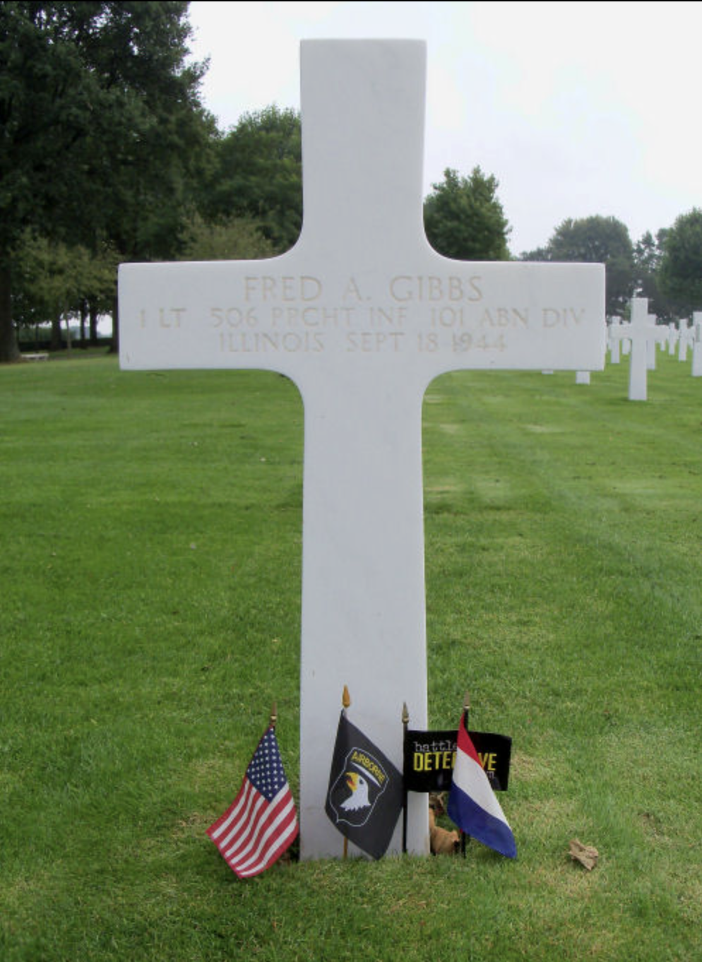  Final resting place of 1st Lt. Fred Gibbs – Netherlands American Cemetery and Memorial, Margraten, Netherlands.  