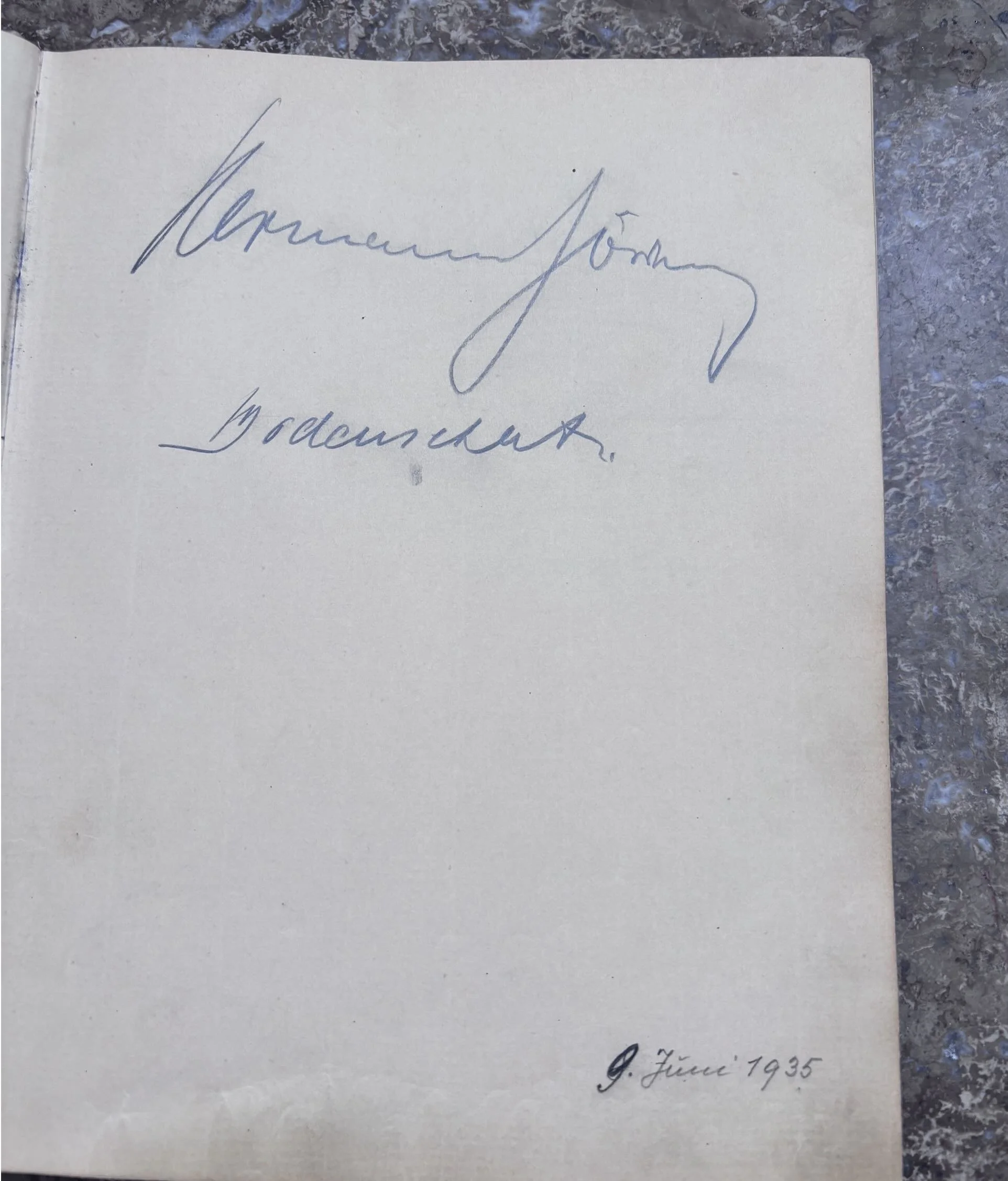  Signed in pencil by Hermann Göring and (below) Karl Bodenschatz – Göring’s liaison officer with Adolf Hitler. Dated 9 June 1935.  