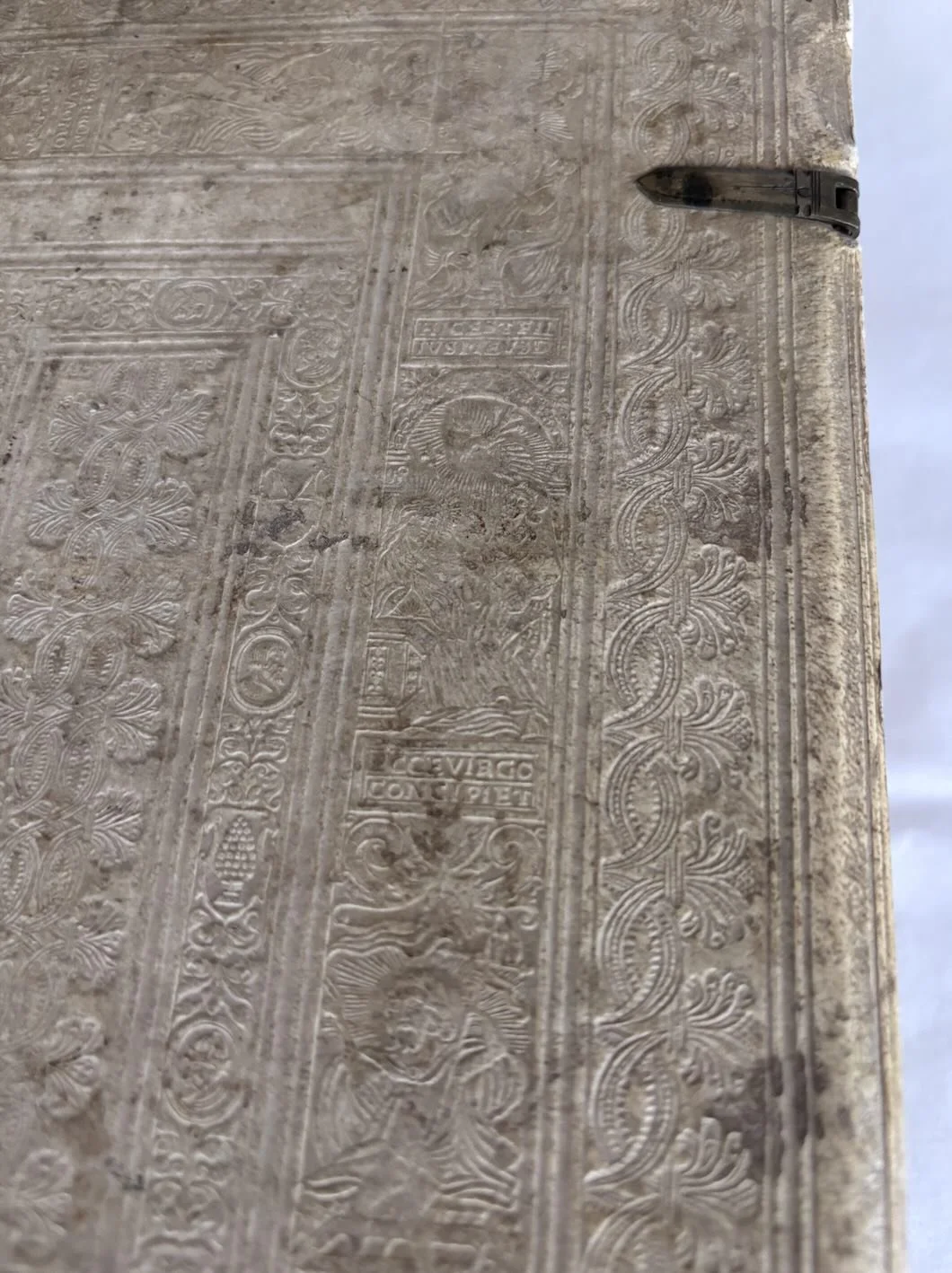  Original sixteenth-century pigskin binding, decorated with intricate blind-stamped Renaissance panels. 