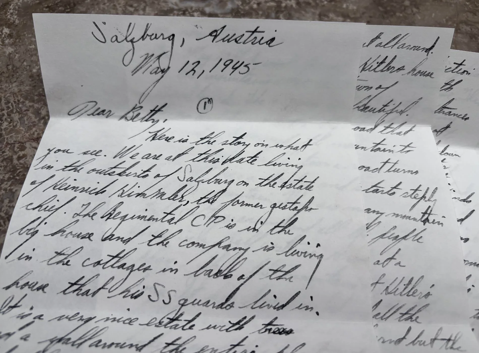  Copy of the letter Blackey mailed home describing the plates, and where he found them.  By this point (May 12) he was staying at Himmler’s  residence in Gmund, Austria.  
