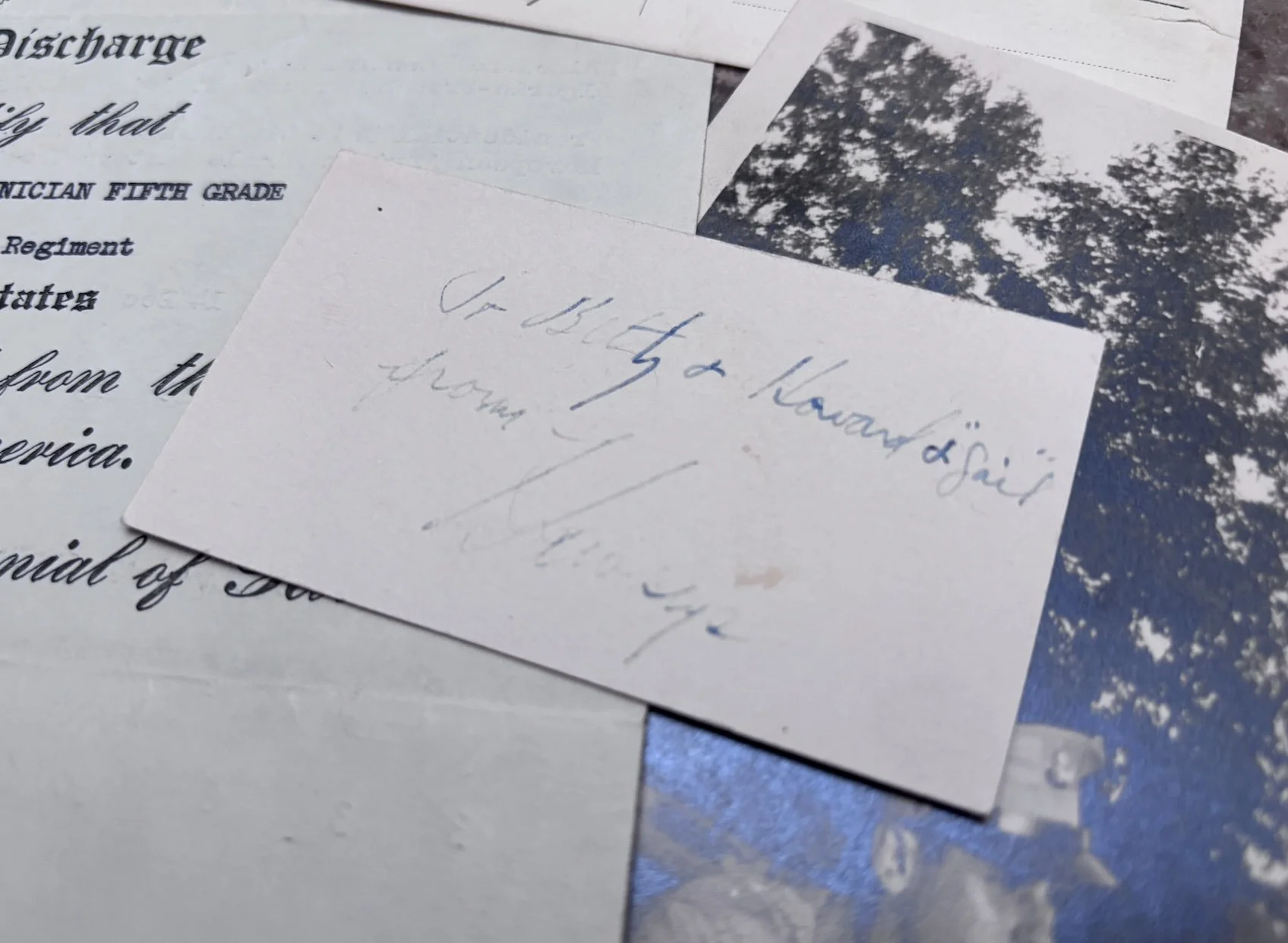  “To Betty &amp; Howard &amp; Gail, from Hawkeye” The original card placed in the mail home box containing the dinnerware. “Hawkeye” was Blackey’s family nickname.  