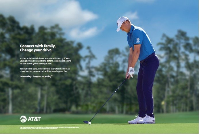 Jordan Spieth on the green, preparing to swing his golf club to hit the ball. Text that reads: Connect with family, change your drive. Jordan Spieth's dad Shawn introduced him to golf as a young boy, and it wasn't long before Jordan was beating him.