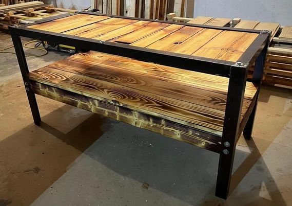 heavy duty steel angle iron coffee table, hand-burned with an amber &amp; satin finish - $1200