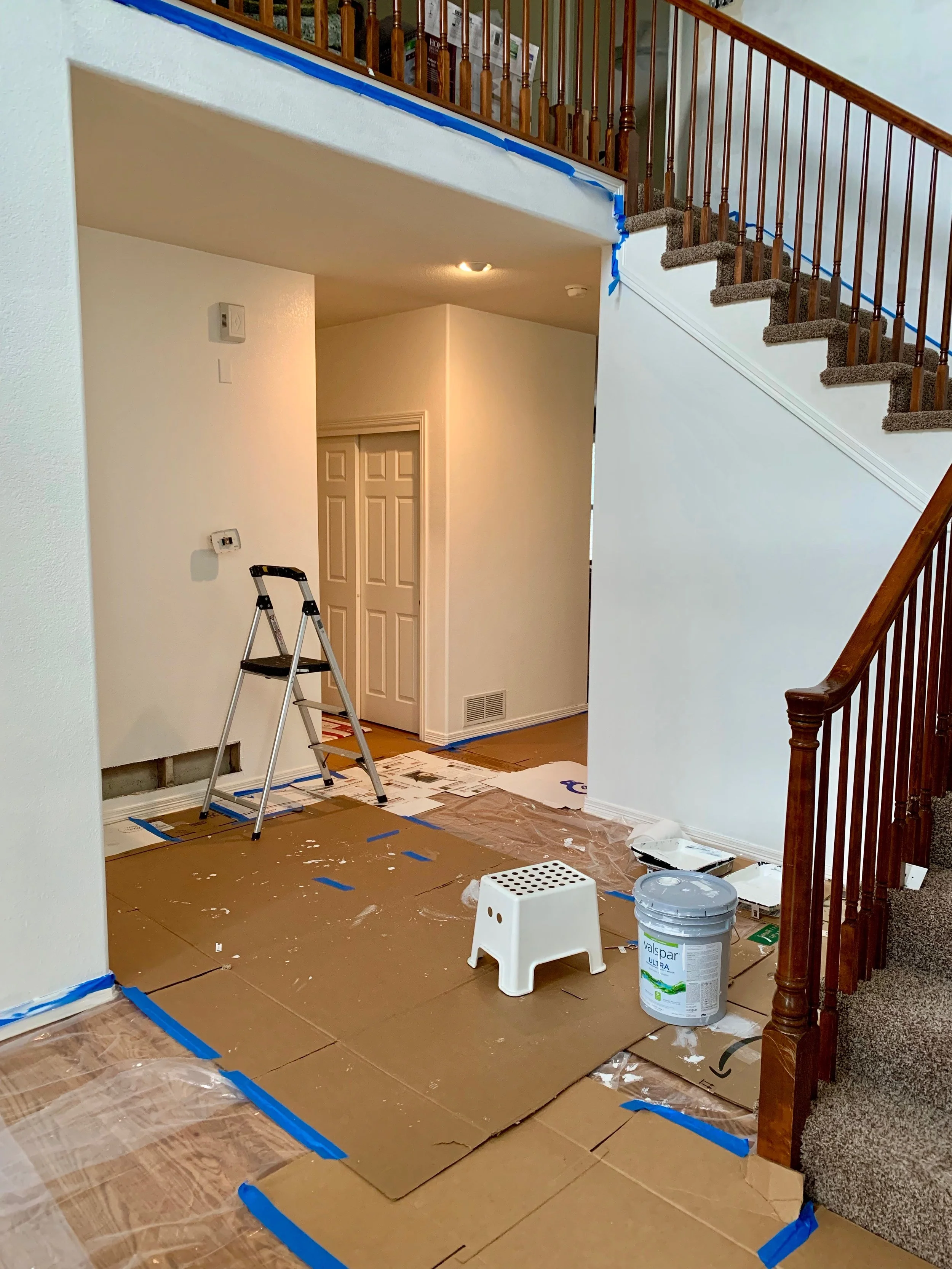 We covered the darrrrkkkk brown with a nice, not too bright, white. (White Gallery at Lowe’s)