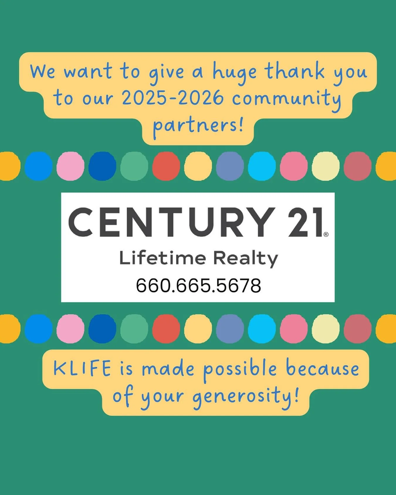 KLIFE is so grateful for our sponsors who allow us to continue the ministry of KLIFE here in Kirksville!

Thank you Century 21 for your generosity and support!💙💙💙