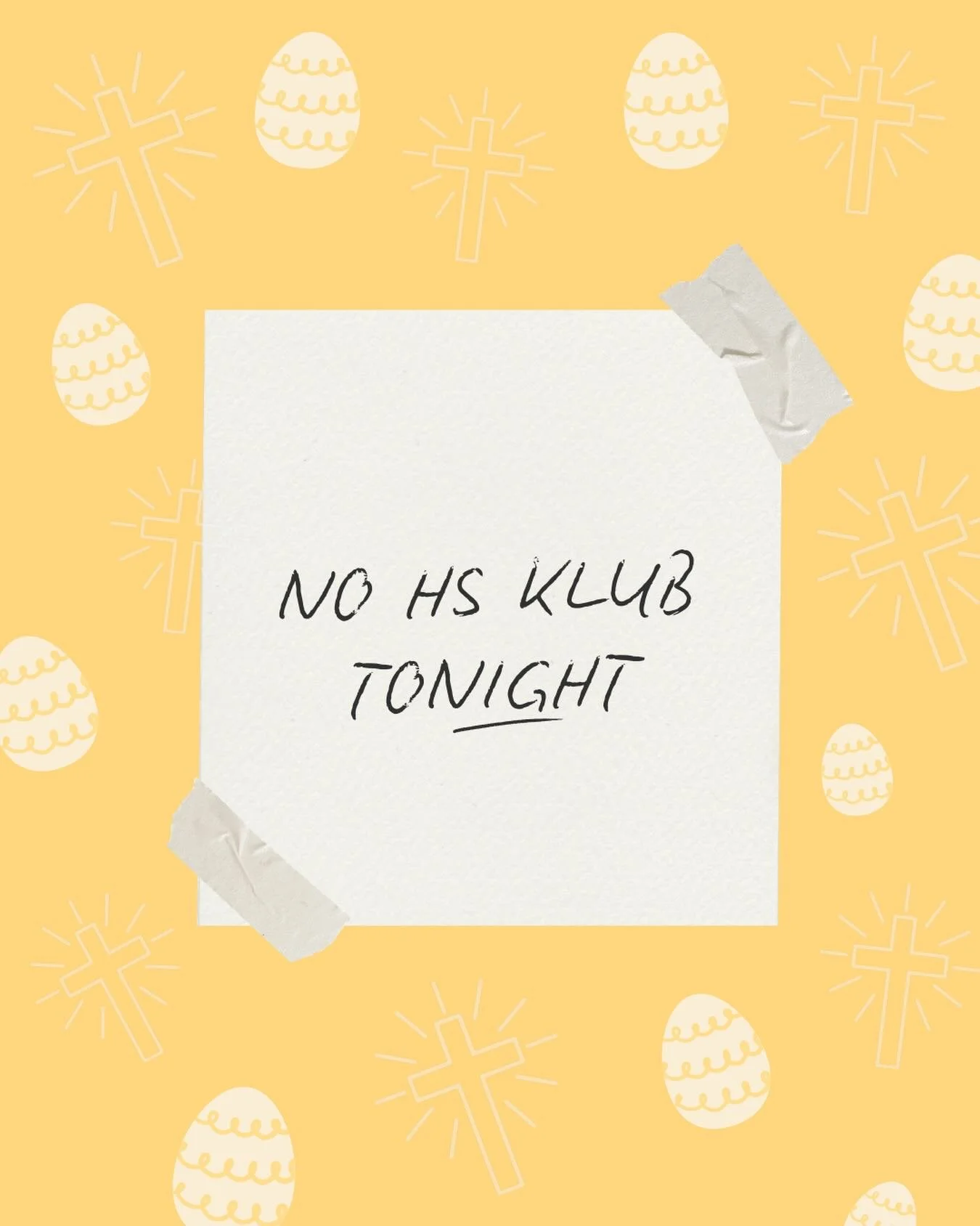 We hope everyone had a sweet Easter break 🤗

Rejoicing as we head into this week, remembering that our Lord defeated sin AND the grave&mdash;the greatest act of love ❤️

No HS KLUB tonight due to the break, but the rest of our weekly activities will