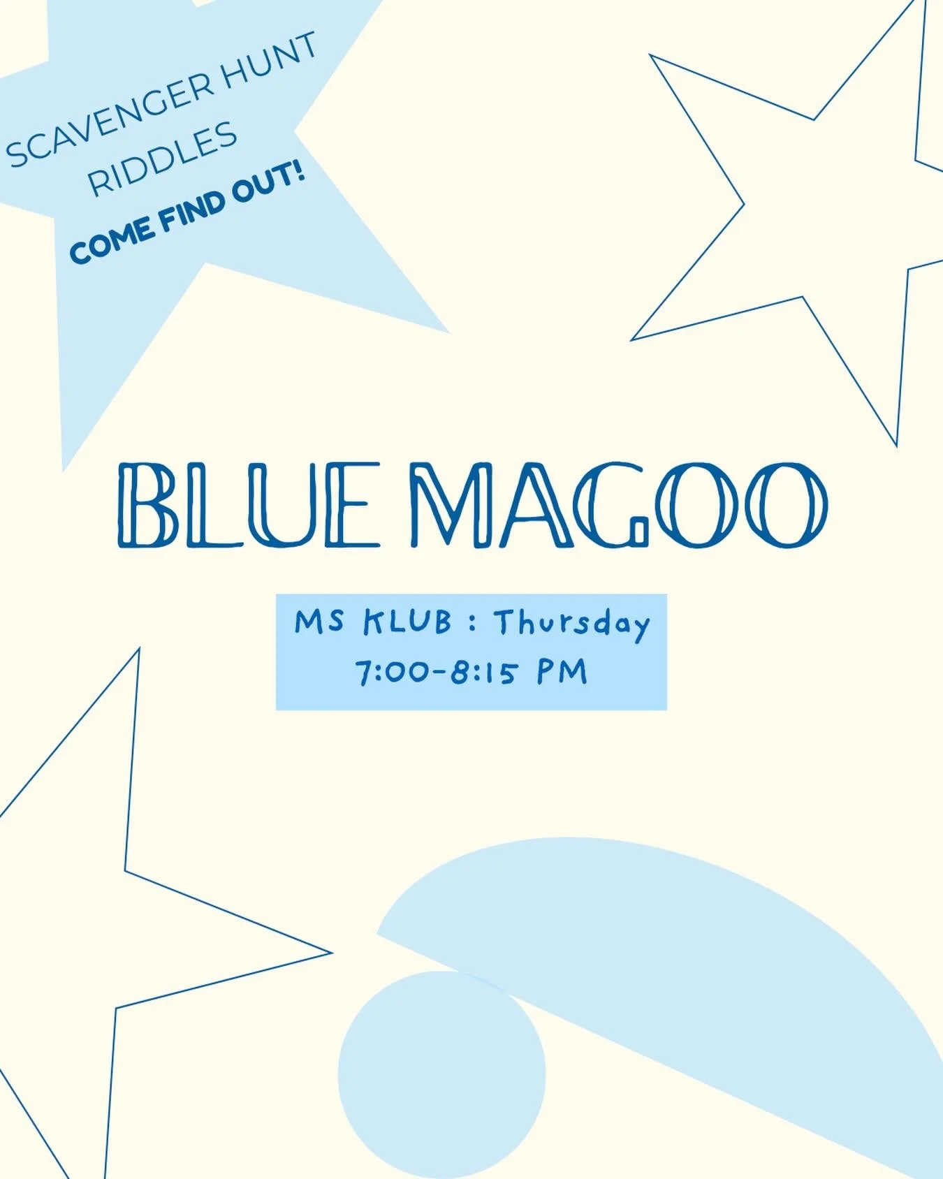 Event KLUB tomorrow night for our amazing middle schoolers🥳🥳🥳

Put your thinking hats on come ready to solve some riddles + try to complete the scavenger hunt! Let&rsquo;s see who the winna winna chicken dinna will be😏