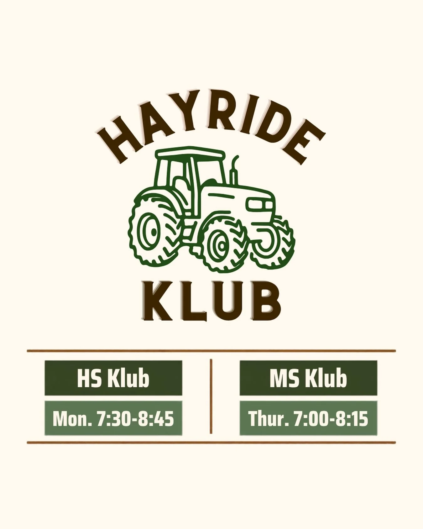 Get your boots and your hat because it&rsquo;s HAYRIDE KLUB!!!🤠🐴🌾🚜

‼️We will NOT be meeting at the KLIFE house! Students will need to be dropped off and picked up at 22731 Pasture Ln, Kirksville, MO 63501.

See y&rsquo;all there!!🤎