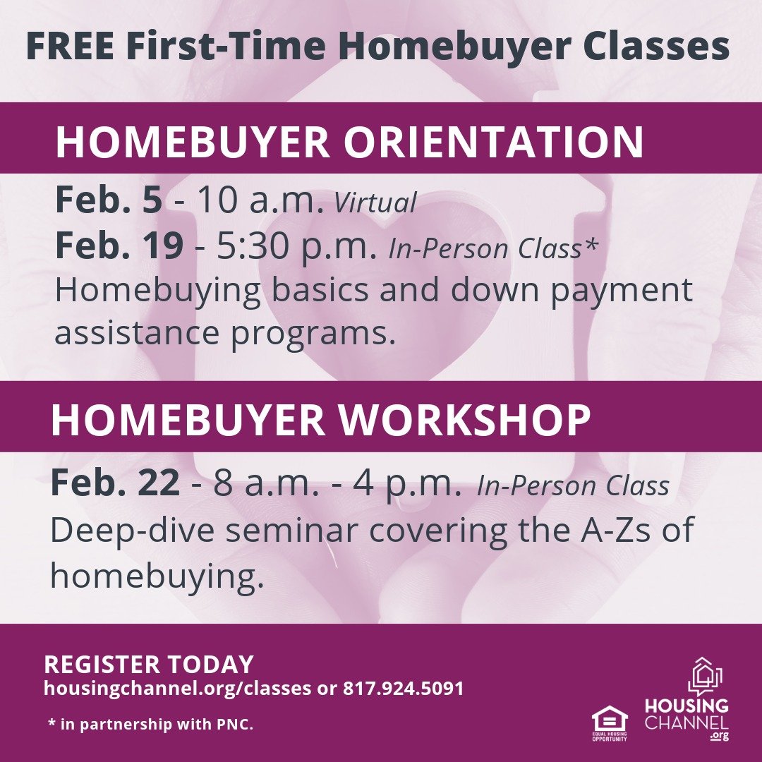 💖 North Texans: Are you in love with the idea of becoming a homeowner? 💖🏠

Housing Channel offers FREE homebuyer classes to help you start or accelerate your journey to homeownership! 🏡

📚 HOMEBUYER ORIENTATION: 
Learn homebuying basics and expl