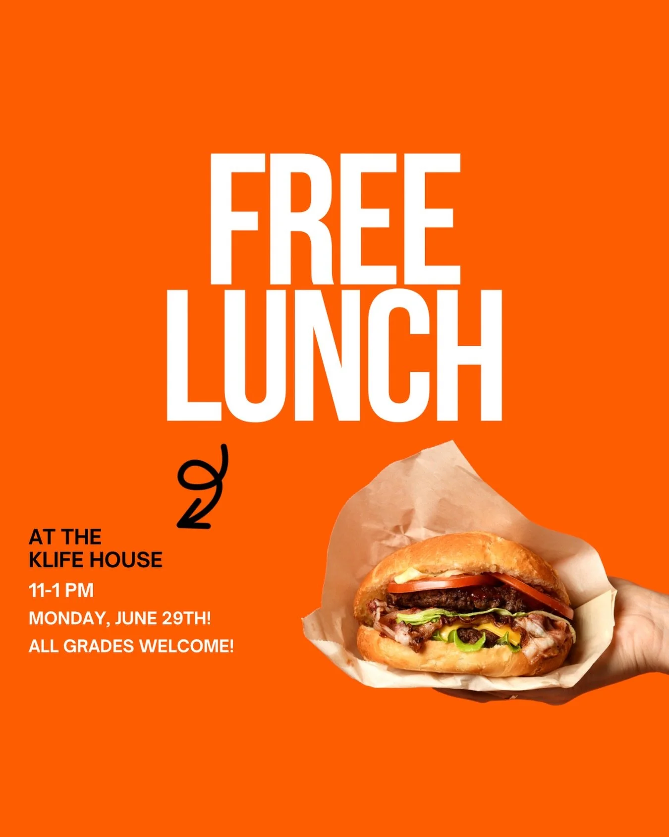 FREE LUNCH TODAY!!!!!! Feel free to stay the whole time or just pop in &mdash; we&rsquo;d love to see you!!!