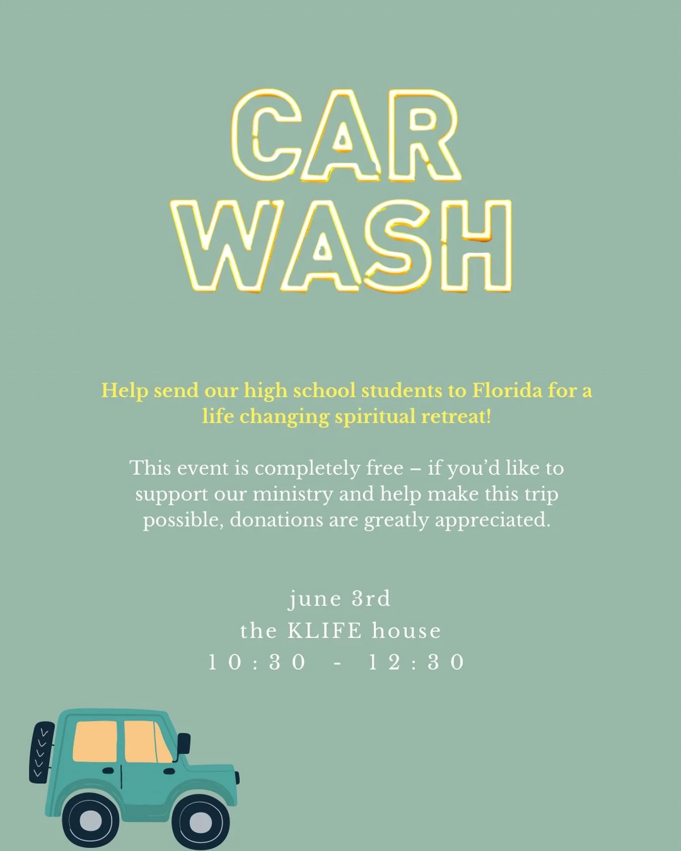 Come get your car washed on Wednesday to help send our students on a spiritual retreat!!!!! 

We will take cash, Venmo, or card!