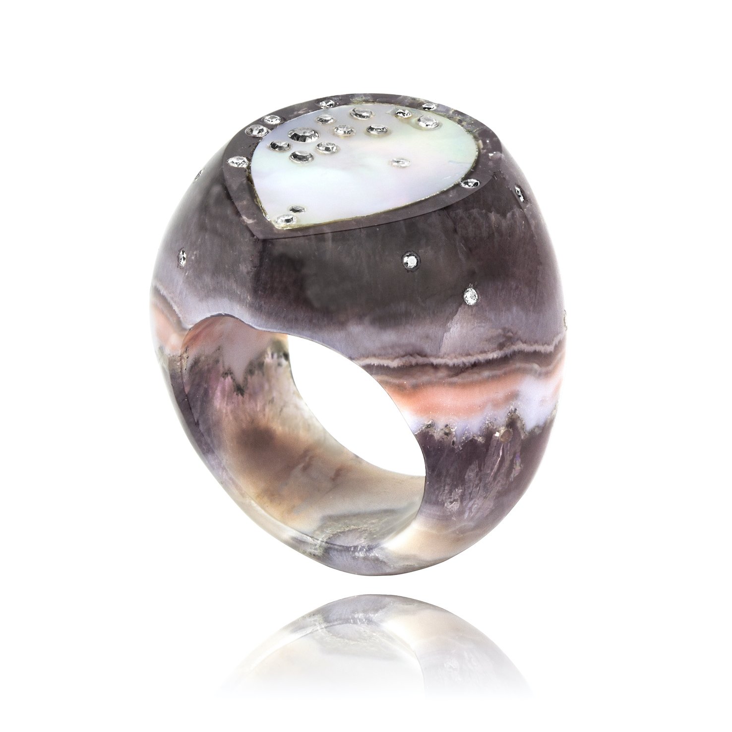 Celestial Amethyst Lace Agate and Mother of Pearl Signet Ring (Wide) | £820.00