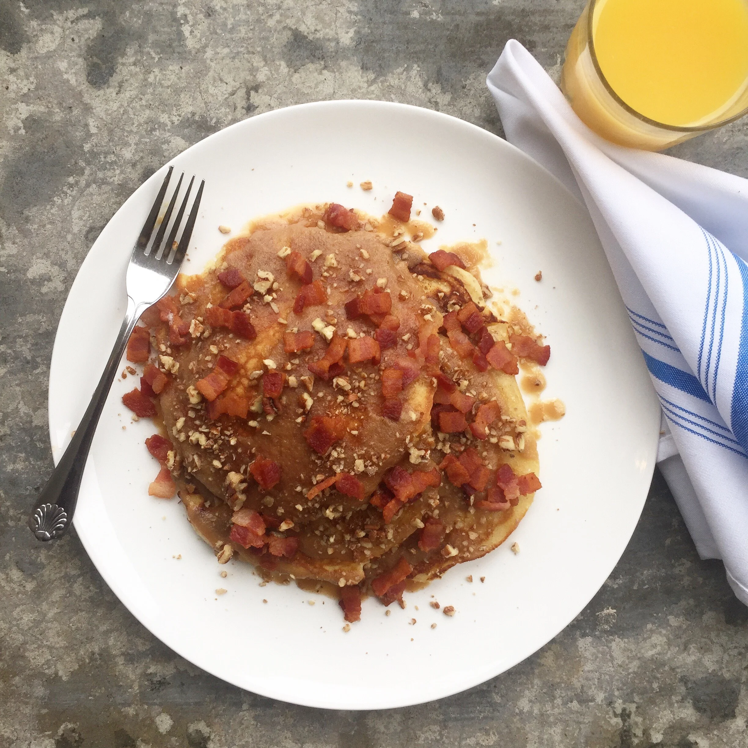 Malted Buttermilk Pancakes with Pecan Praline + Bacon 