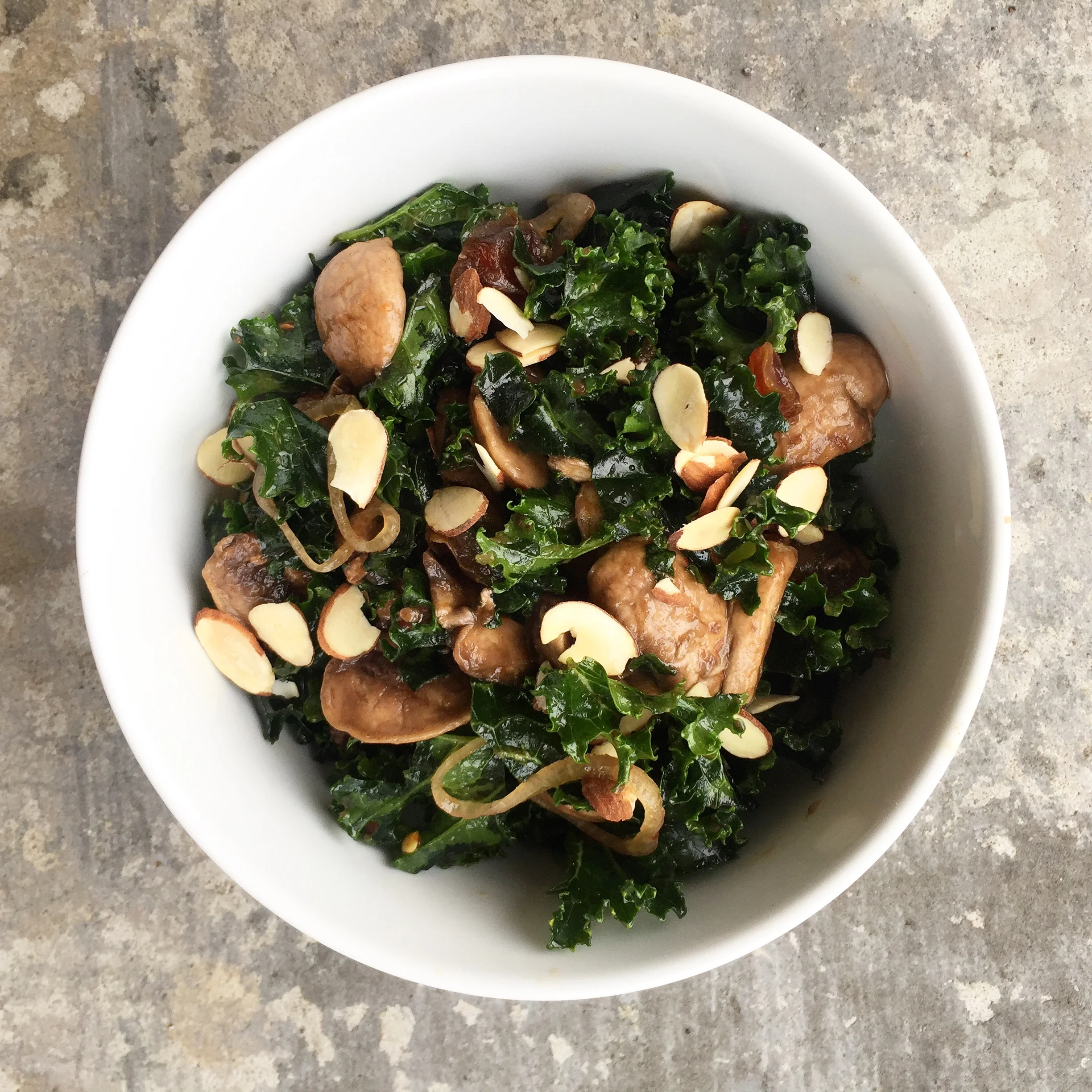 Mushroom Marinated Kale with Dates and Almonds