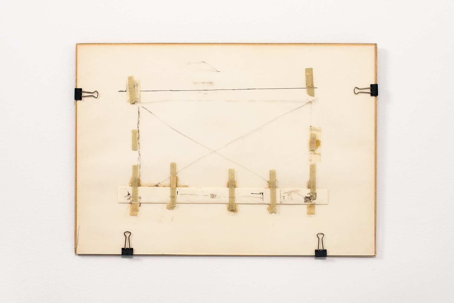  Nahum Tevet, Untitled #1, 1972. Cardboard, paper, binder clips, masking tape, transparent tape, and marker on glass, 13 3/4 x 19 13/16 x 7/16 in. (34.9 x 50.3 x 1.1 cm). Collection of the artist. Photo by Polite Photographic, courtesy of the Hunter 