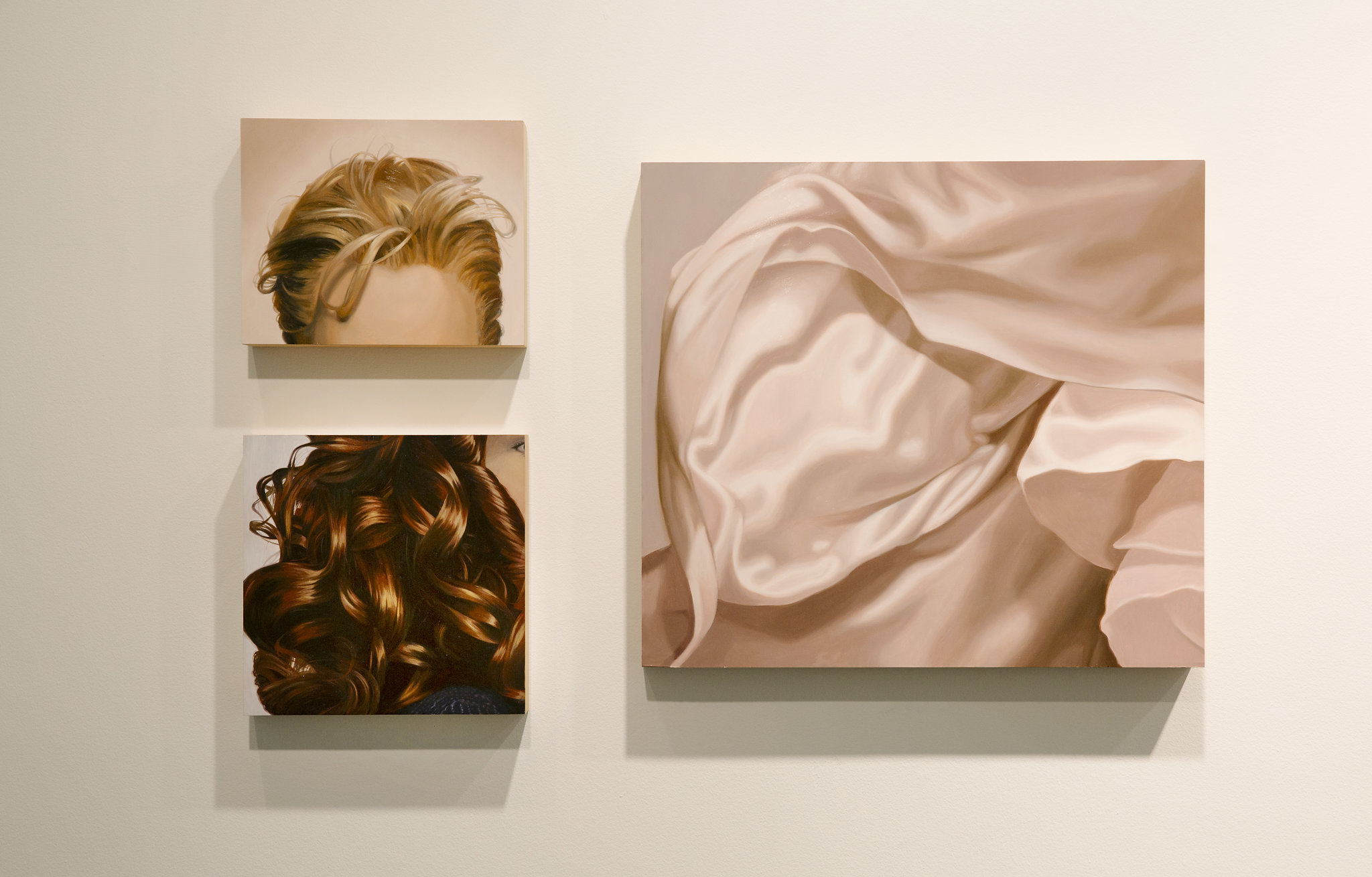  Installation view:&nbsp; Homecoming:&nbsp;Katherine Behar, Oliver Herring, Julia Jacquette, Yashua Klos,  Hunter College Art Galleries, 2017. Julia Jacquette,  Forehead , 2014;  Red Brown Curls (Purple Sweater) , 2009;  Pink Chiffon I , 2013. Photo 
