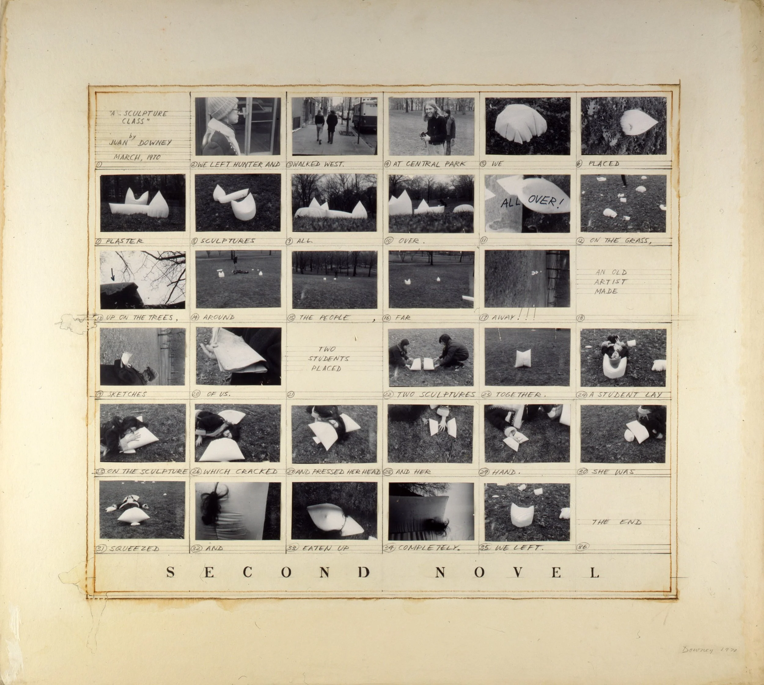 Juan Downey, Second Novel: A sculpture class , 1970. Pencil, ink, and collage on paper, 37 x 41 inches. The Ella Fontanals-Cisneros Collection, Miami. Image courtesy of the Estate of Juan Downey.