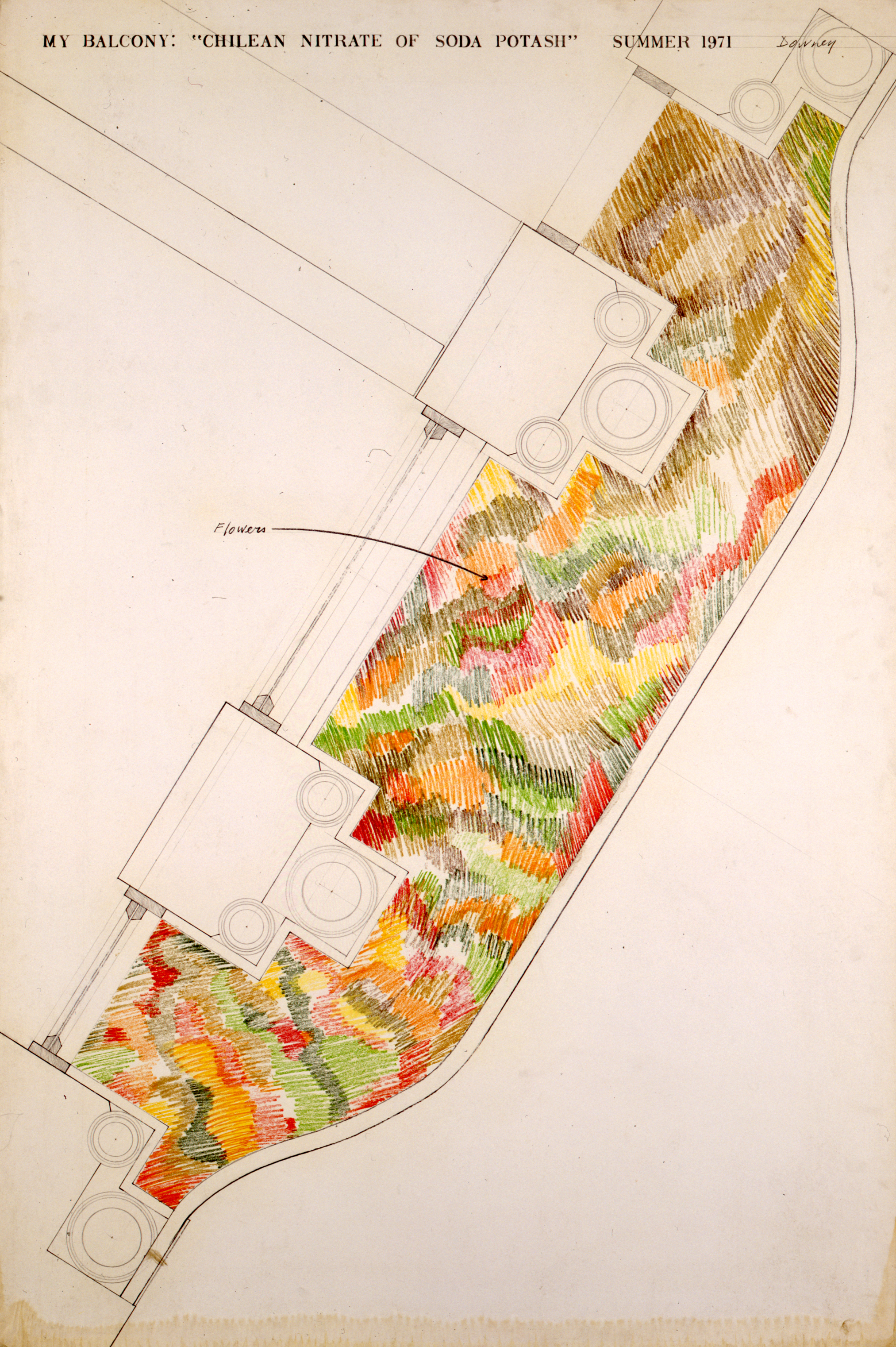  Juan Downey,  My Balcony: Chilean Nitrate of Soda Potash , 1971. Graphite and color pencil on Bristol Board, 60 x 40 inches. Courtesy of the Estate of Juan Downey, New York.&nbsp; 