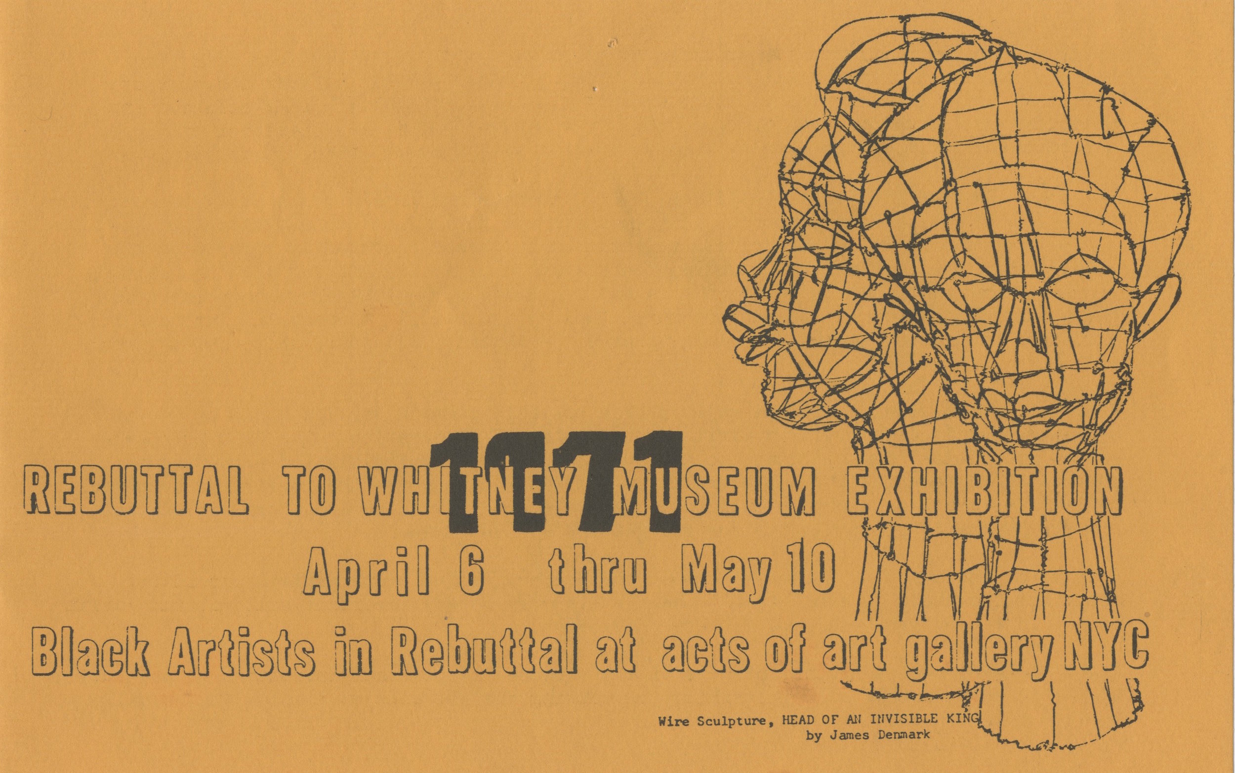  Invitation for  Rebuttal to the Whitney Museum Exhibition: Black Artists in Rebuttal  at Acts of Art Gallery, 1971. Courtesy RYAN LEE Gallery, New York and Adobe Krow Archives, Los Angeles. 